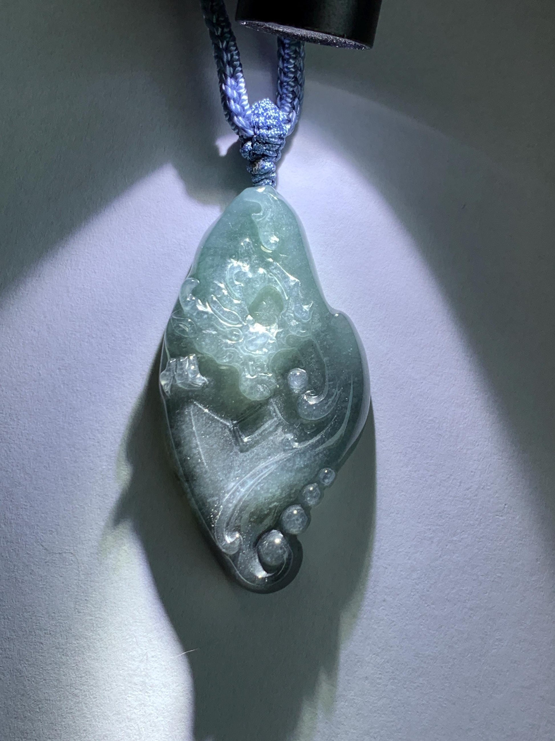 Natural Grade A Guatemalan Icy Translucent Dark Blue Wuji Jade Jadeite Carved Dragon Pendant Rope Necklace 28” 28g 天然冰危蓝乌鸡翡翠龙牌吊坠 WWL198