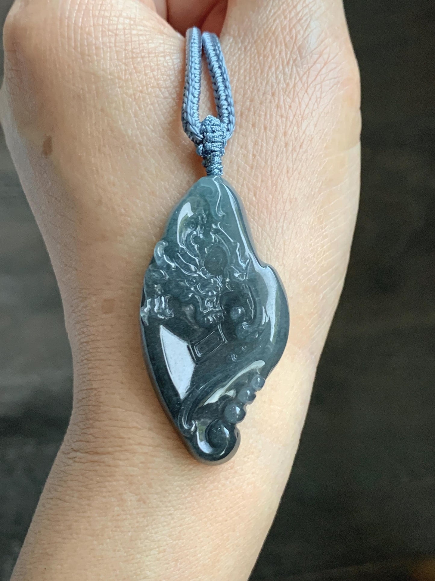 Natural Grade A Guatemalan Icy Translucent Dark Blue Wuji Jade Jadeite Carved Dragon Pendant Rope Necklace 28” 28g 天然冰危蓝乌鸡翡翠龙牌吊坠 WWL198