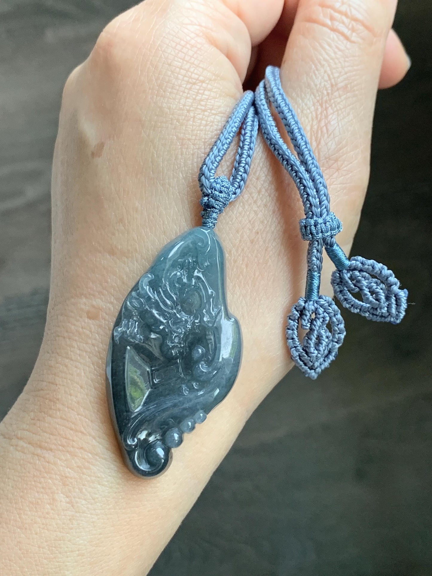 Natural Grade A Guatemalan Icy Translucent Dark Blue Wuji Jade Jadeite Carved Dragon Pendant Rope Necklace 28” 28g 天然冰危蓝乌鸡翡翠龙牌吊坠 WWL198