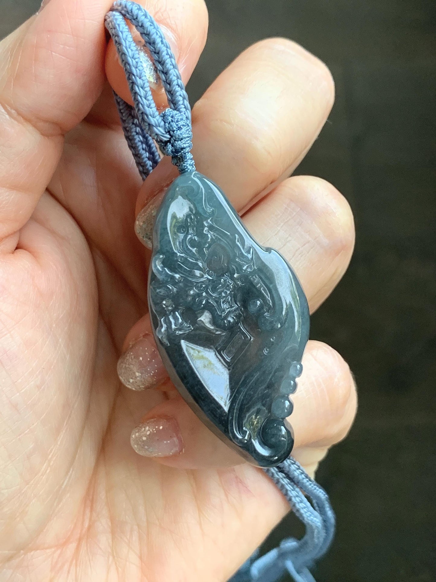 Natural Grade A Guatemalan Icy Translucent Dark Blue Wuji Jade Jadeite Carved Dragon Pendant Rope Necklace 28” 28g 天然冰危蓝乌鸡翡翠龙牌吊坠 WWL198