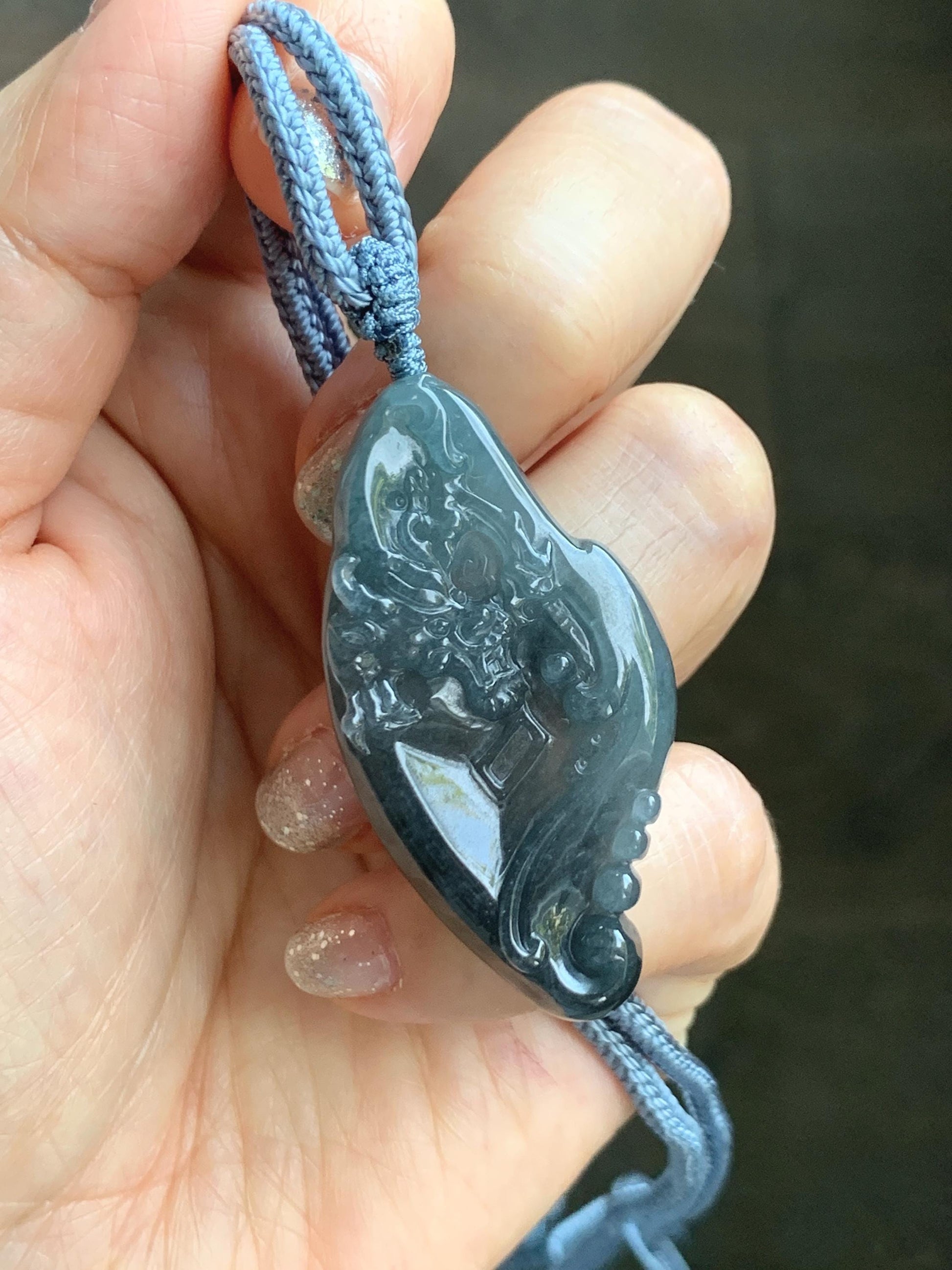 Natural Grade A Guatemalan Icy Translucent Dark Blue Wuji Jade Jadeite Carved Dragon Pendant Rope Necklace 28” 28g 天然冰危蓝乌鸡翡翠龙牌吊坠 WWL198