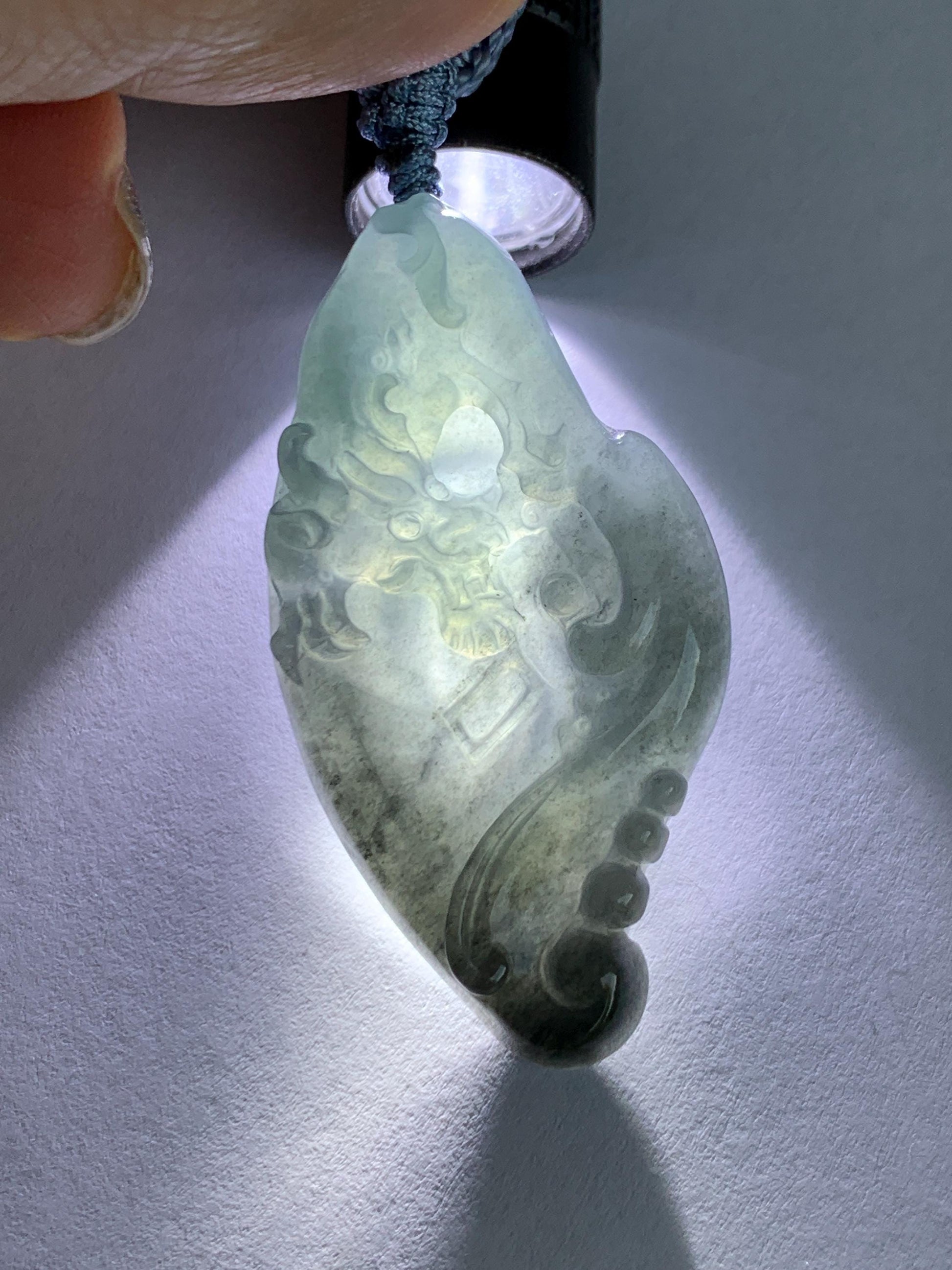 Natural Grade A Guatemalan Icy Translucent Dark Blue Wuji Jade Jadeite Carved Dragon Pendant Rope Necklace 28” 28g 天然冰危蓝乌鸡翡翠龙牌吊坠 WWL198
