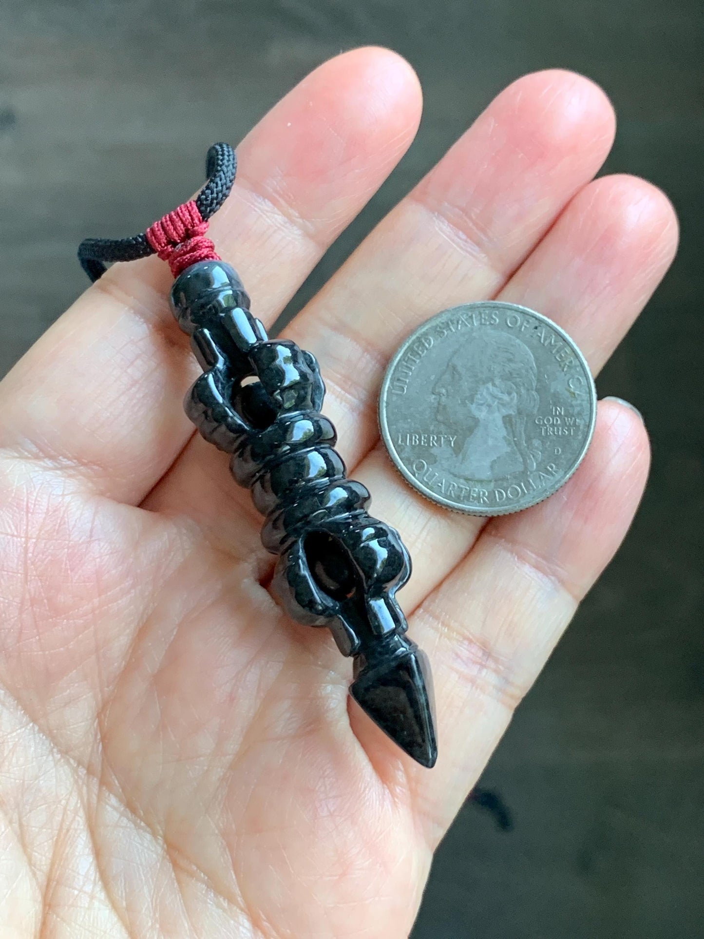 Natural Grade A Opaque Black Jade Jadeite Carved Vajra Pendant Rope Necklace 28” 14g 天然墨翡降魔杵吊坠项链 MWX200