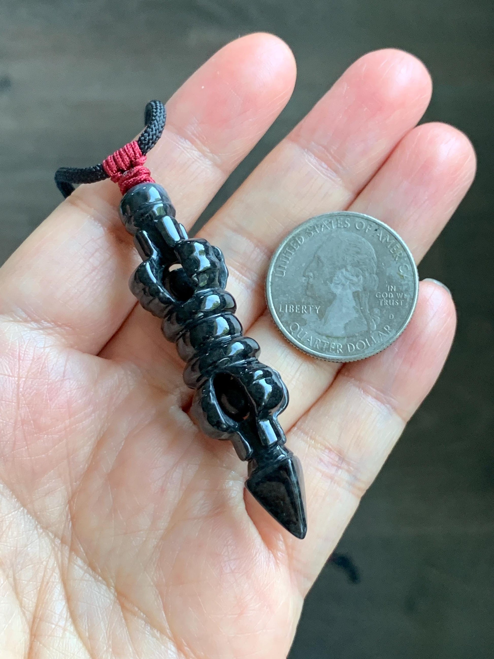 Natural Grade A Opaque Black Jade Jadeite Carved Vajra Pendant Rope Necklace 28” 14g 天然墨翡降魔杵吊坠项链 MWX200