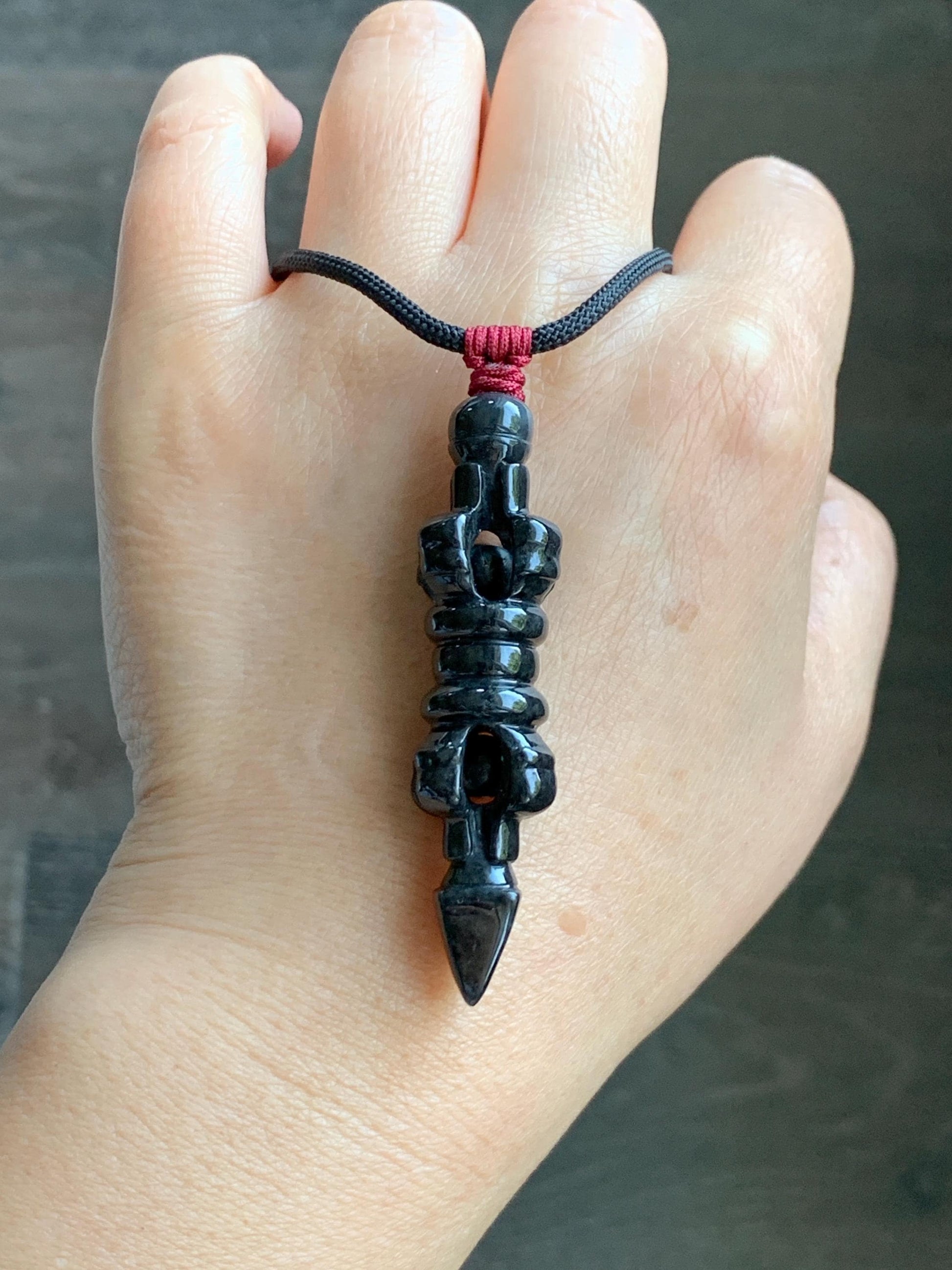 Natural Grade A Opaque Black Jade Jadeite Carved Vajra Pendant Rope Necklace 28” 14g 天然墨翡降魔杵吊坠项链 MWX200