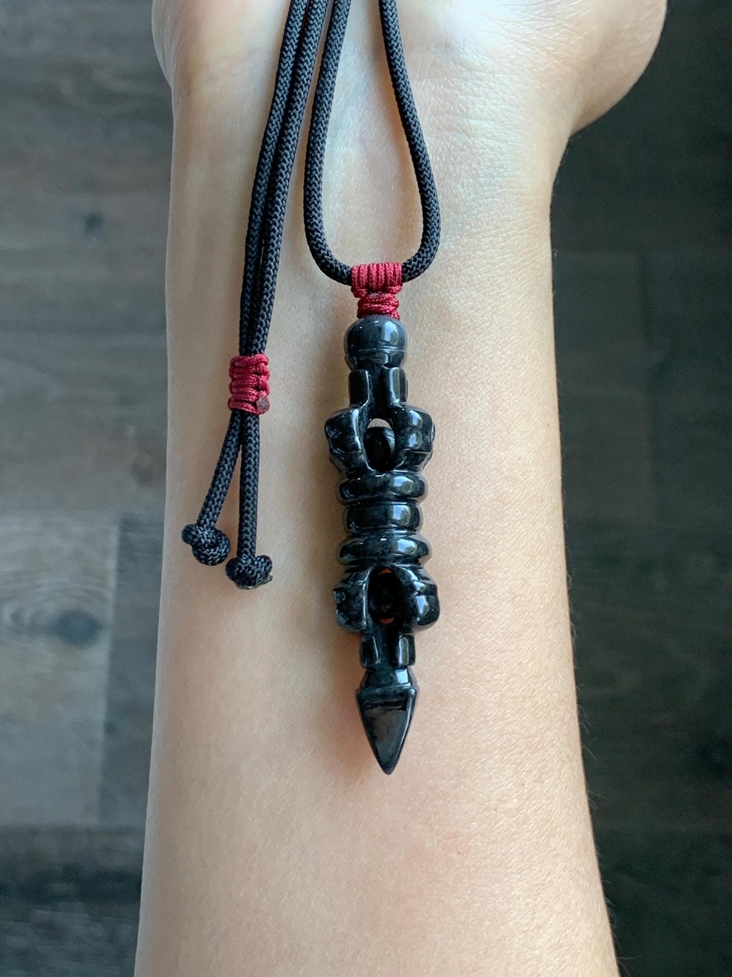 Natural Grade A Opaque Black Jade Jadeite Carved Vajra Pendant Rope Necklace 28” 14g 天然墨翡降魔杵吊坠项链 MWX200