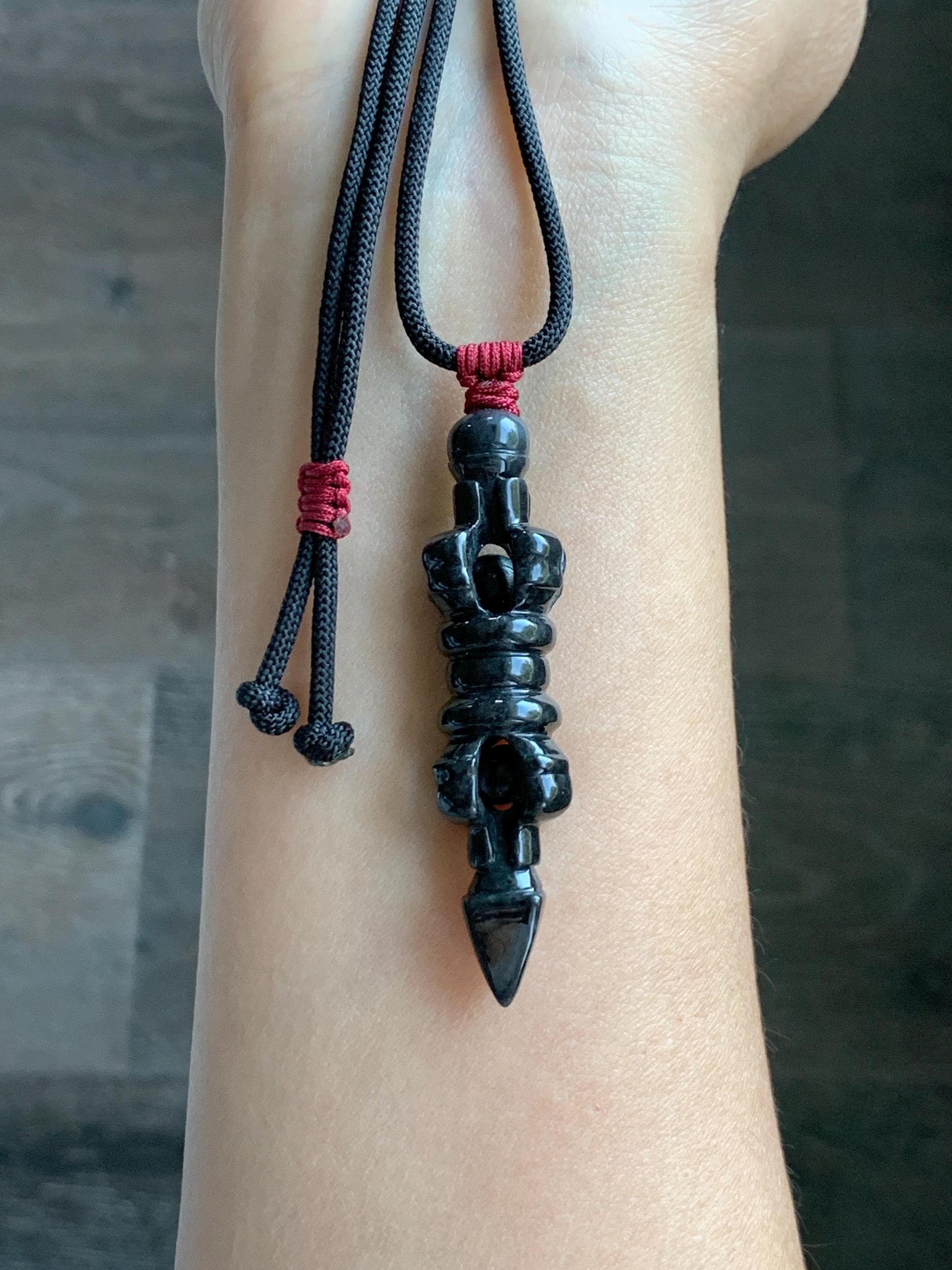 Natural Grade A Opaque Black Jade Jadeite Carved Vajra Pendant Rope Necklace 28” 14g 天然墨翡降魔杵吊坠项链 MWX200
