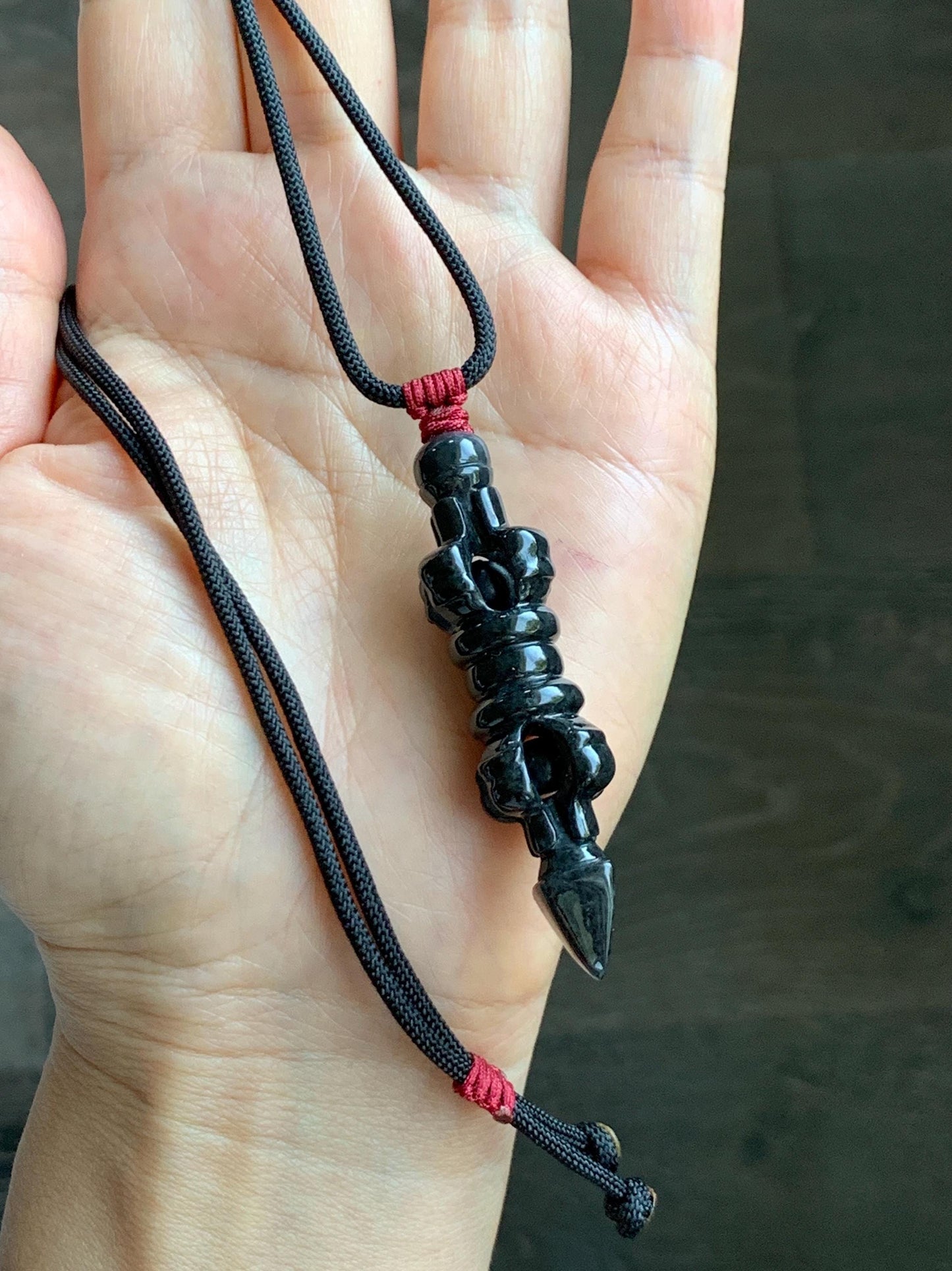 Natural Grade A Opaque Black Jade Jadeite Carved Vajra Pendant Rope Necklace 28” 14g 天然墨翡降魔杵吊坠项链 MWX200
