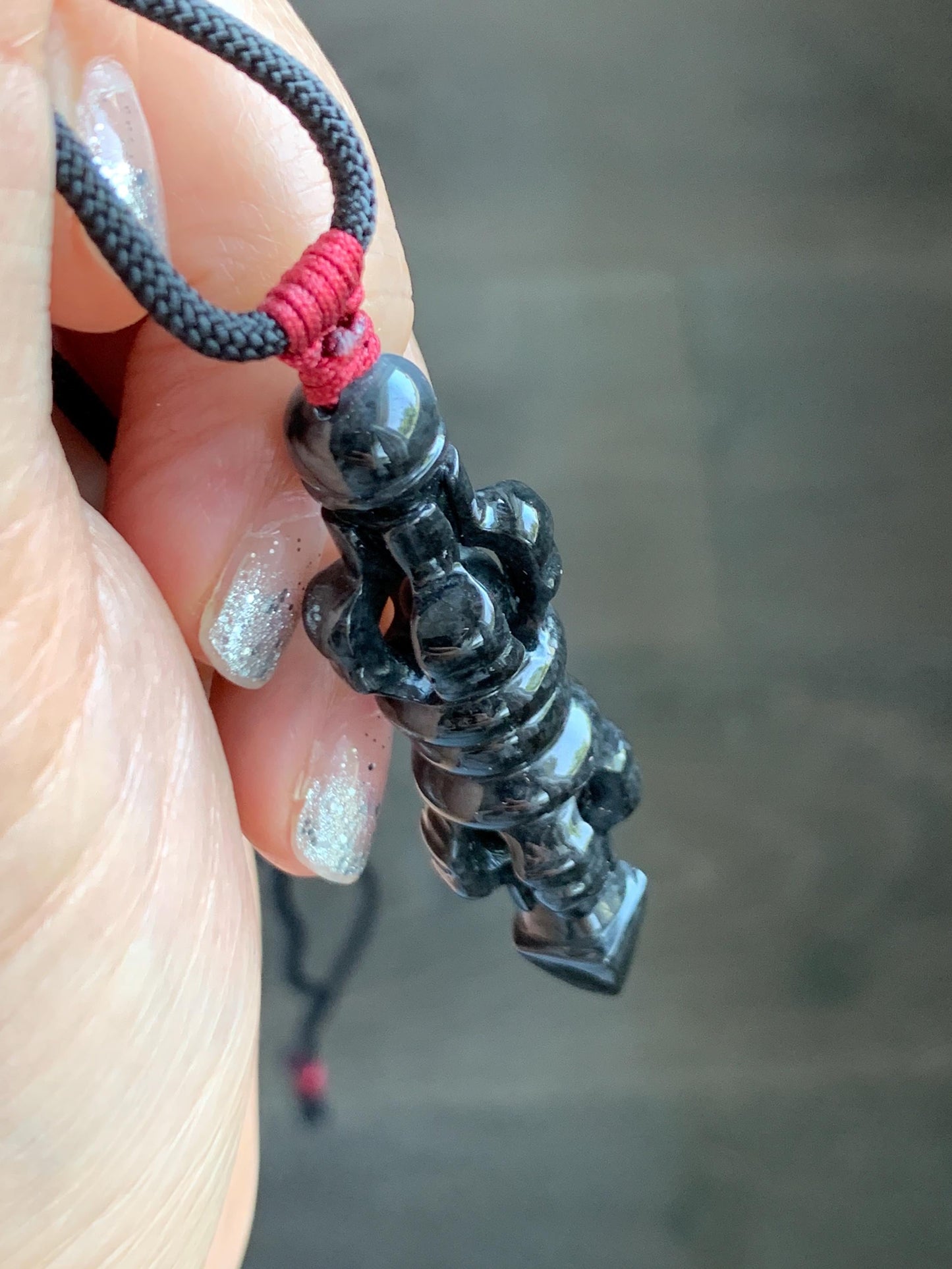 Natural Grade A Opaque Black Jade Jadeite Carved Vajra Pendant Rope Necklace 28” 14g 天然墨翡降魔杵吊坠项链 MWX200
