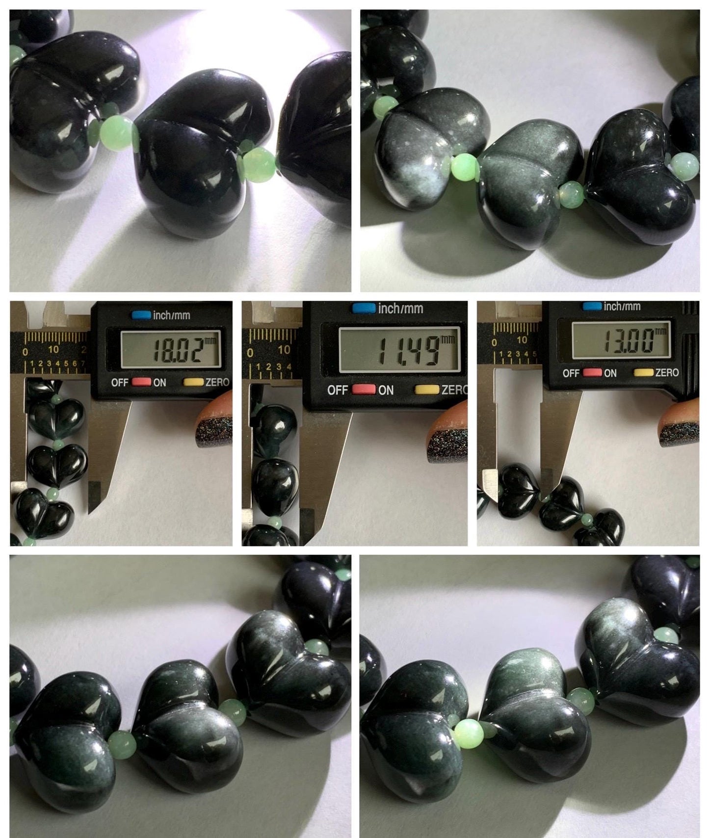 Natural Grade A Guatemalan Opaque Black Jade Jadeite Large Heart Beads Beaded Bracelet Stretchy 6.75" 67g 天然危起油墨翠大卡桃心珠手串 WMC286