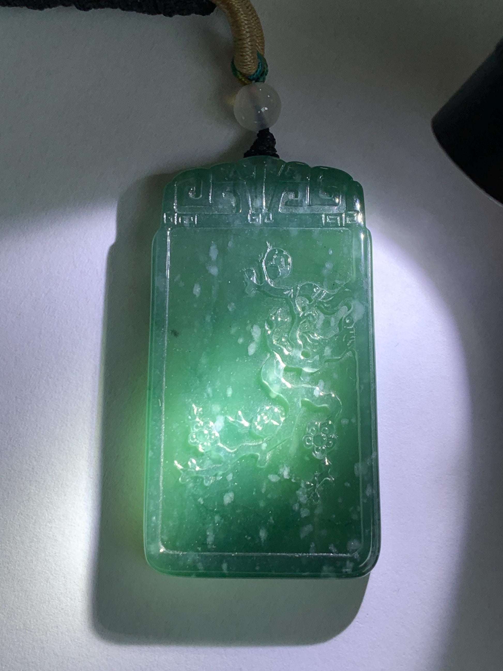 Certified Natural Grade A Guatemalan Icy Translucent Dark Teal Blue Jade Jadeite Cherry Blossom Pendant Rope Necklace 26” 天然冰危深蓝翡翠梅花牌吊坠 489