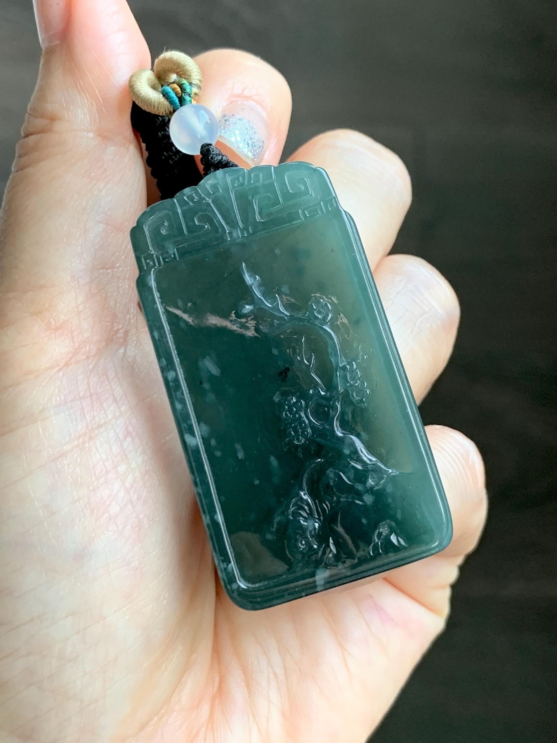 Certified Natural Grade A Guatemalan Icy Translucent Dark Teal Blue Jade Jadeite Cherry Blossom Pendant Rope Necklace 26” 天然冰危深蓝翡翠梅花牌吊坠 489