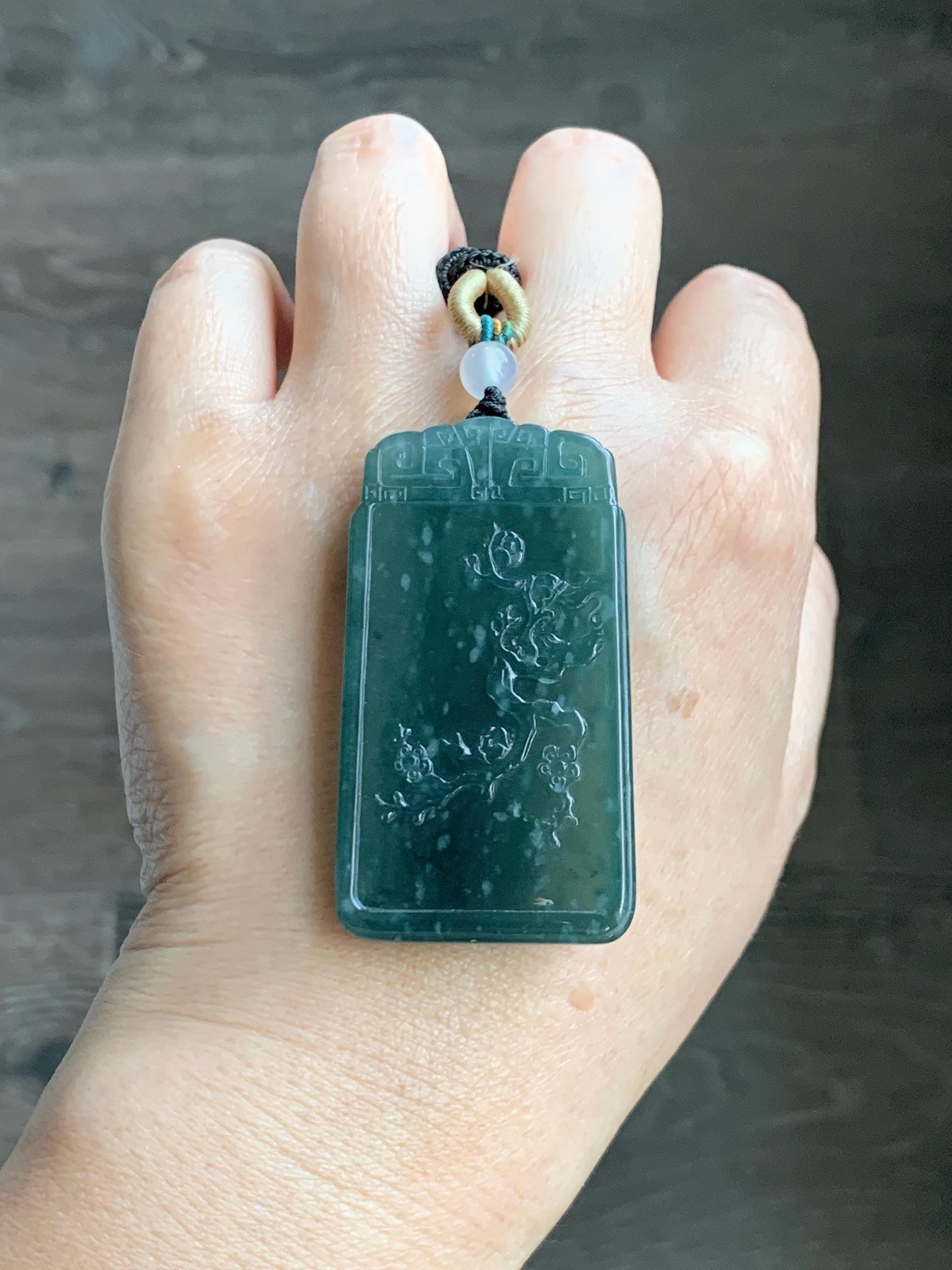 Certified Natural Grade A Guatemalan Icy Translucent Dark Teal Blue Jade Jadeite Cherry Blossom Pendant Rope Necklace 26” 天然冰危深蓝翡翠梅花牌吊坠 489