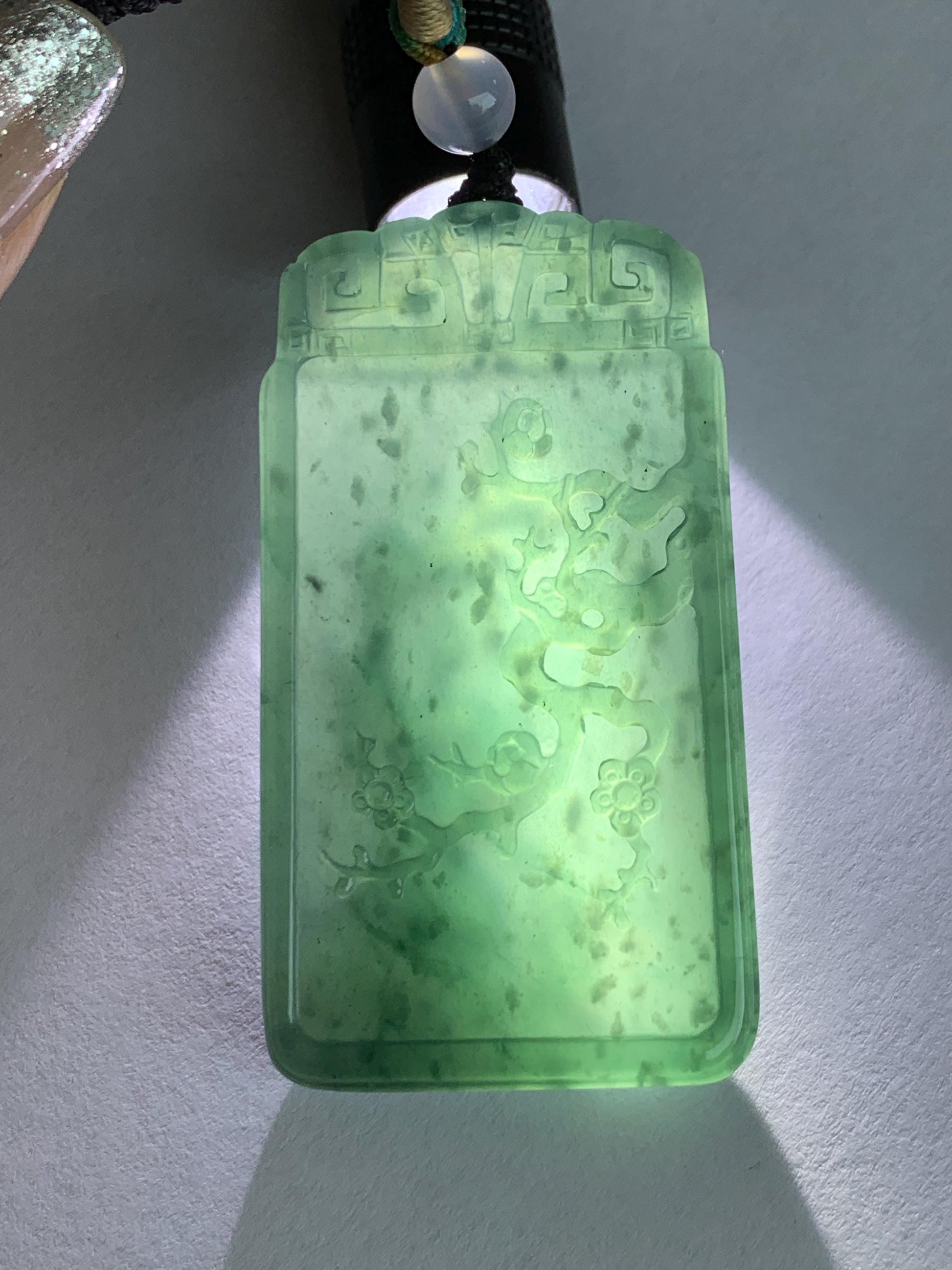 Certified Natural Grade A Guatemalan Icy Translucent Dark Teal Blue Jade Jadeite Cherry Blossom Pendant Rope Necklace 26” 天然冰危深蓝翡翠梅花牌吊坠 489