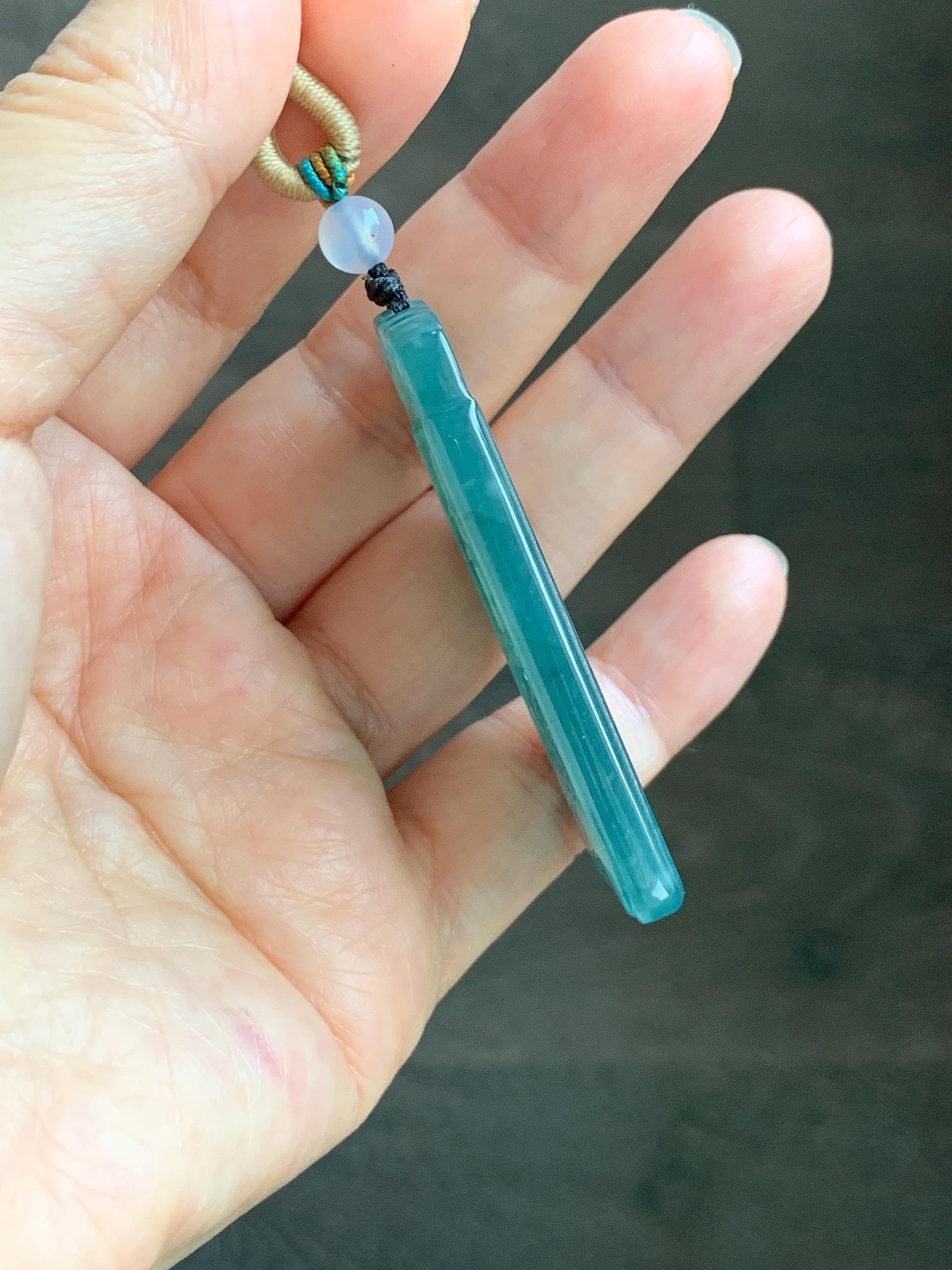 Certified Natural Grade A Guatemalan Icy Translucent Dark Teal Blue Jade Jadeite Cherry Blossom Pendant Rope Necklace 26” 天然冰危深蓝翡翠梅花牌吊坠 489