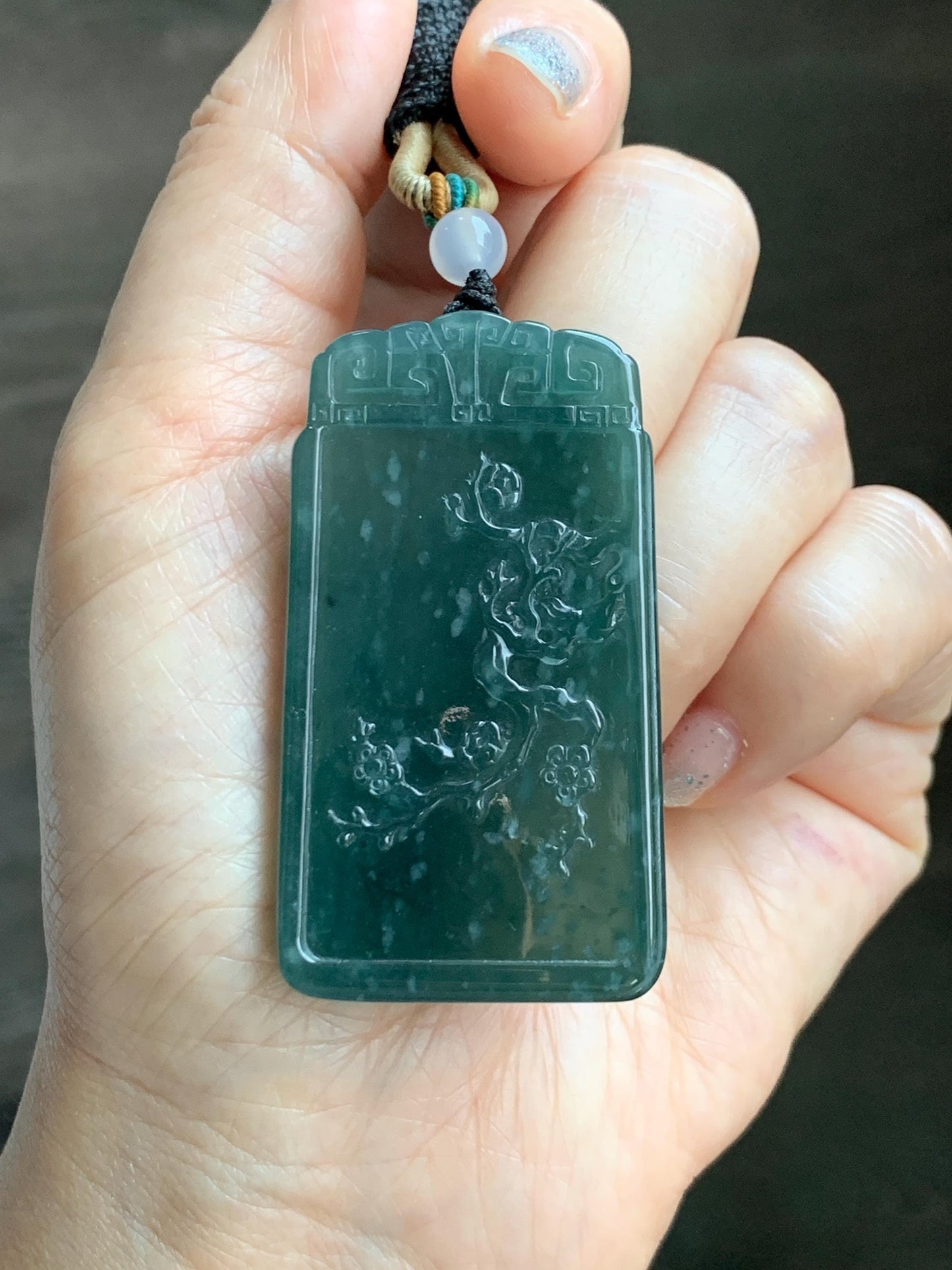 Certified Natural Grade A Guatemalan Icy Translucent Dark Teal Blue Jade Jadeite Cherry Blossom Pendant Rope Necklace 26” 天然冰危深蓝翡翠梅花牌吊坠 489