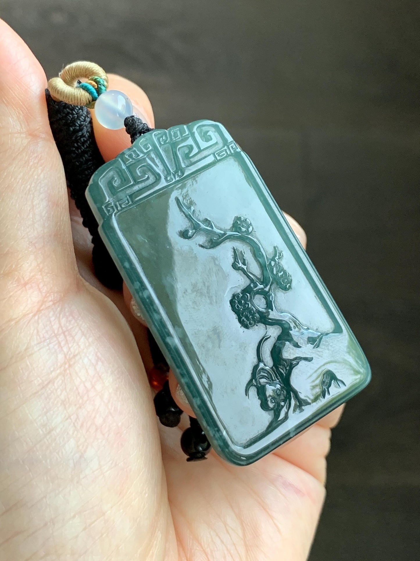 Certified Natural Grade A Guatemalan Icy Translucent Dark Teal Blue Jade Jadeite Cherry Blossom Pendant Rope Necklace 26” 天然冰危深蓝翡翠梅花牌吊坠 489