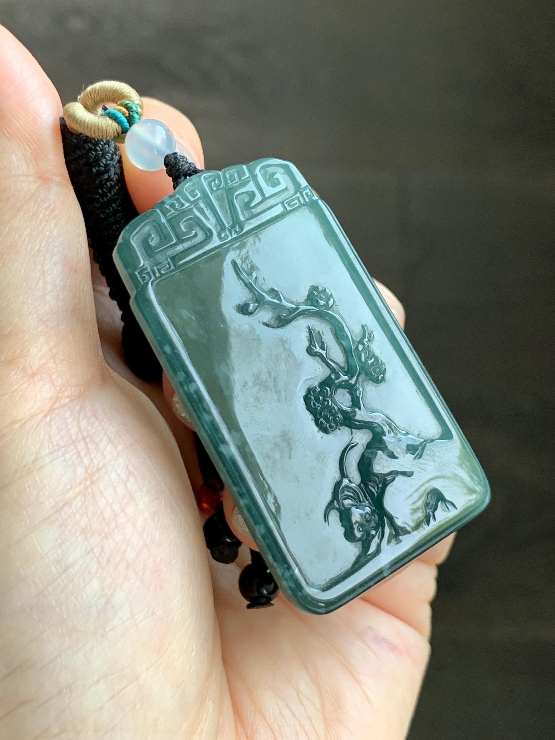 Certified Natural Grade A Guatemalan Icy Translucent Dark Teal Blue Jade Jadeite Cherry Blossom Pendant Rope Necklace 26” 天然冰危深蓝翡翠梅花牌吊坠 489