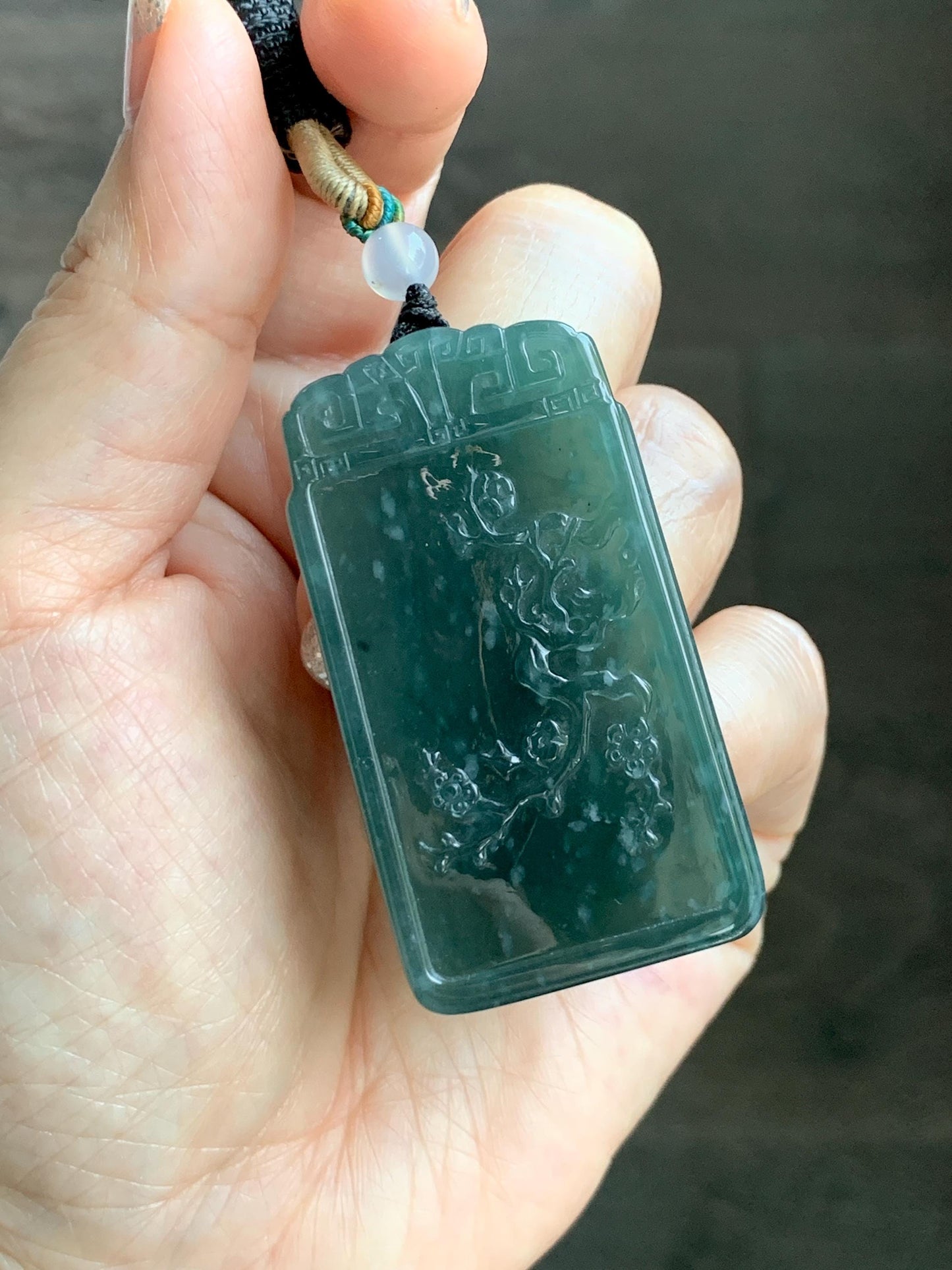 Certified Natural Grade A Guatemalan Icy Translucent Dark Teal Blue Jade Jadeite Cherry Blossom Pendant Rope Necklace 26” 天然冰危深蓝翡翠梅花牌吊坠 489