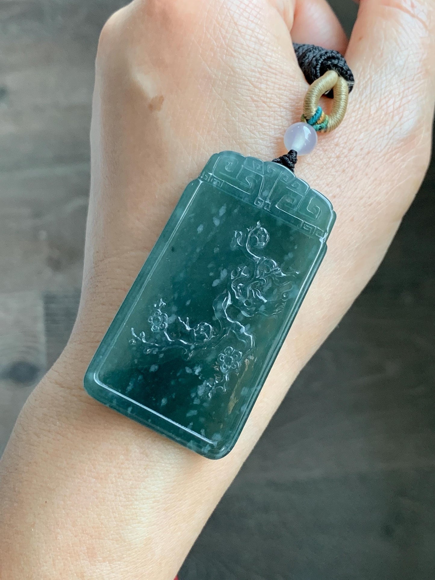 Certified Natural Grade A Guatemalan Icy Translucent Dark Teal Blue Jade Jadeite Cherry Blossom Pendant Rope Necklace 26” 天然冰危深蓝翡翠梅花牌吊坠 489