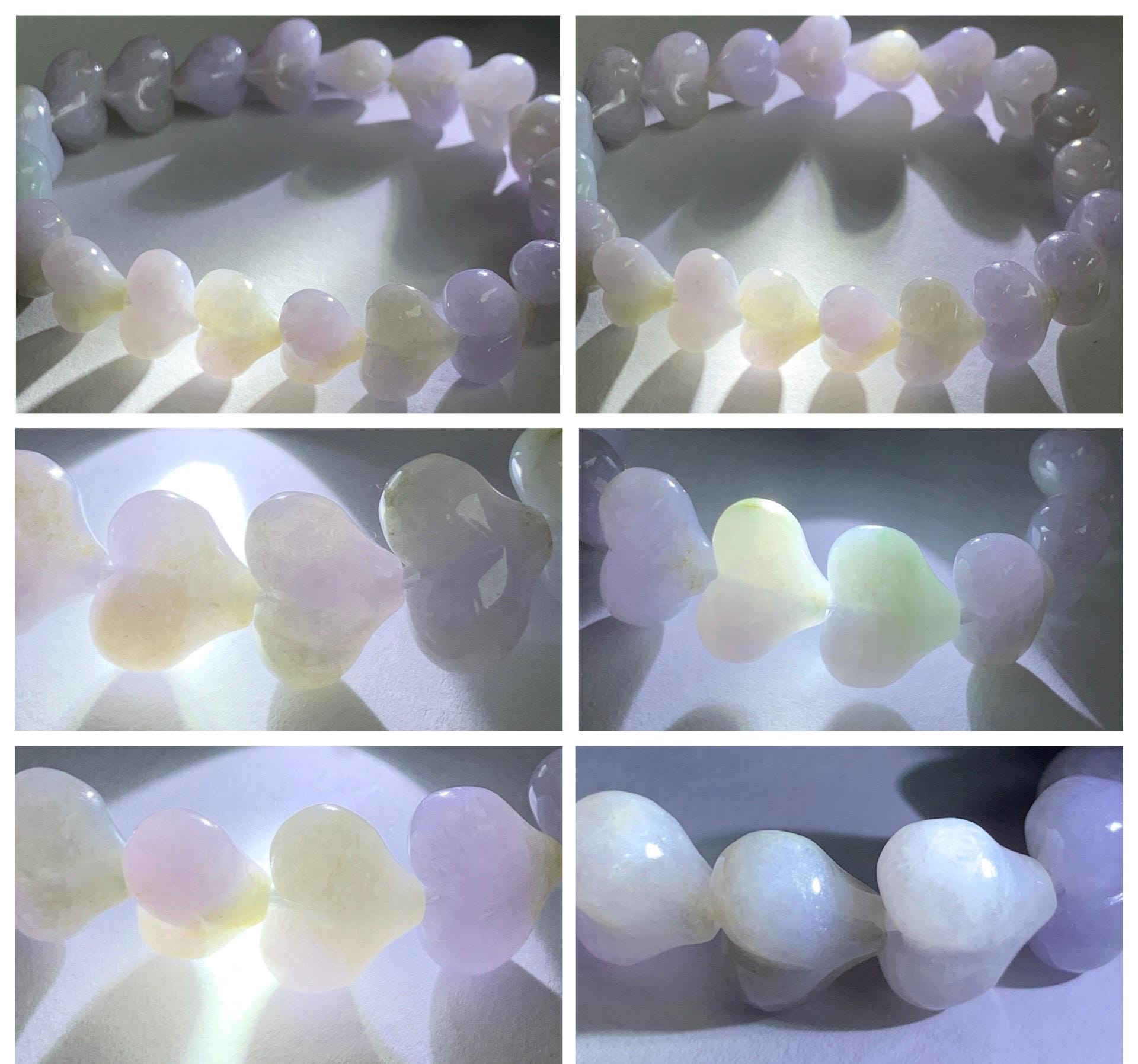 Certified Natural Grade A Icy Translucent Pastel Purple Jade Jadeite Heart Beads Beaded Bracelet Stretchy 7.25" 30g 天然冰紫底翡翠桃心珠手串 565