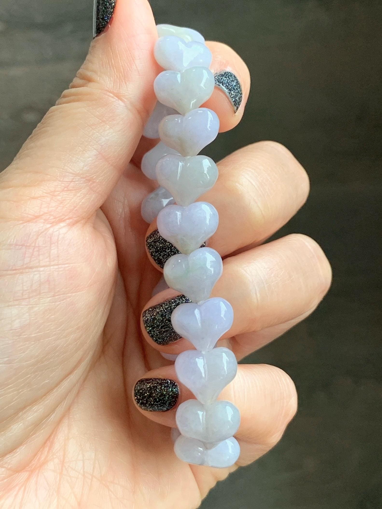 Certified Natural Grade A Icy Translucent Pastel Purple Jade Jadeite Heart Beads Beaded Bracelet Stretchy 7.25" 30g 天然冰紫底翡翠桃心珠手串 565