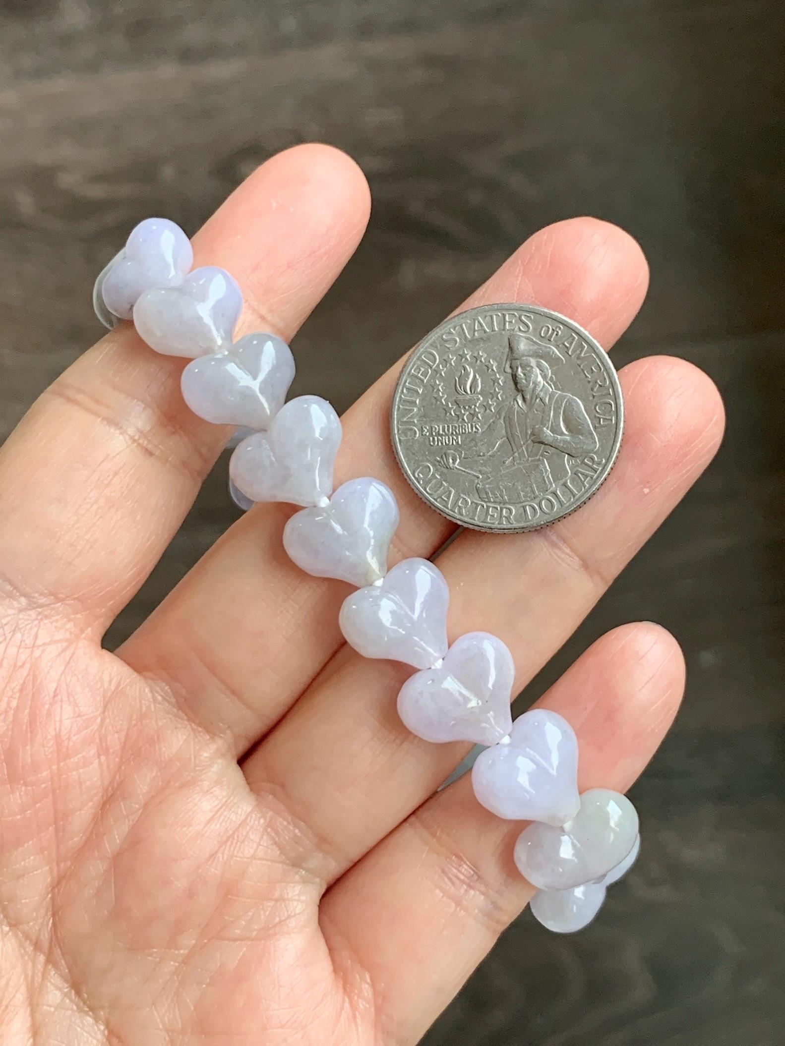 Certified Natural Grade A Icy Translucent Pastel Purple Jade Jadeite Heart Beads Beaded Bracelet Stretchy 7.25" 30g 天然冰紫底翡翠桃心珠手串 565