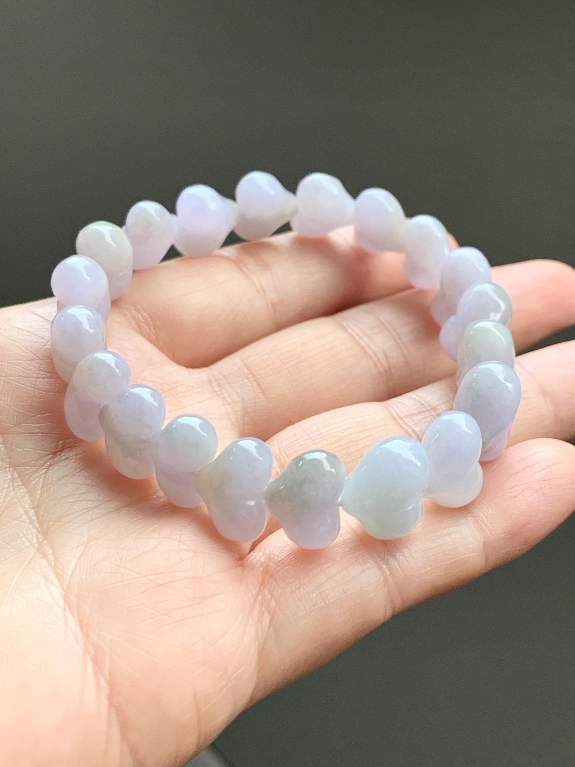 Certified Natural Grade A Icy Translucent Pastel Purple Jade Jadeite Heart Beads Beaded Bracelet Stretchy 7.25" 30g 天然冰紫底翡翠桃心珠手串 565