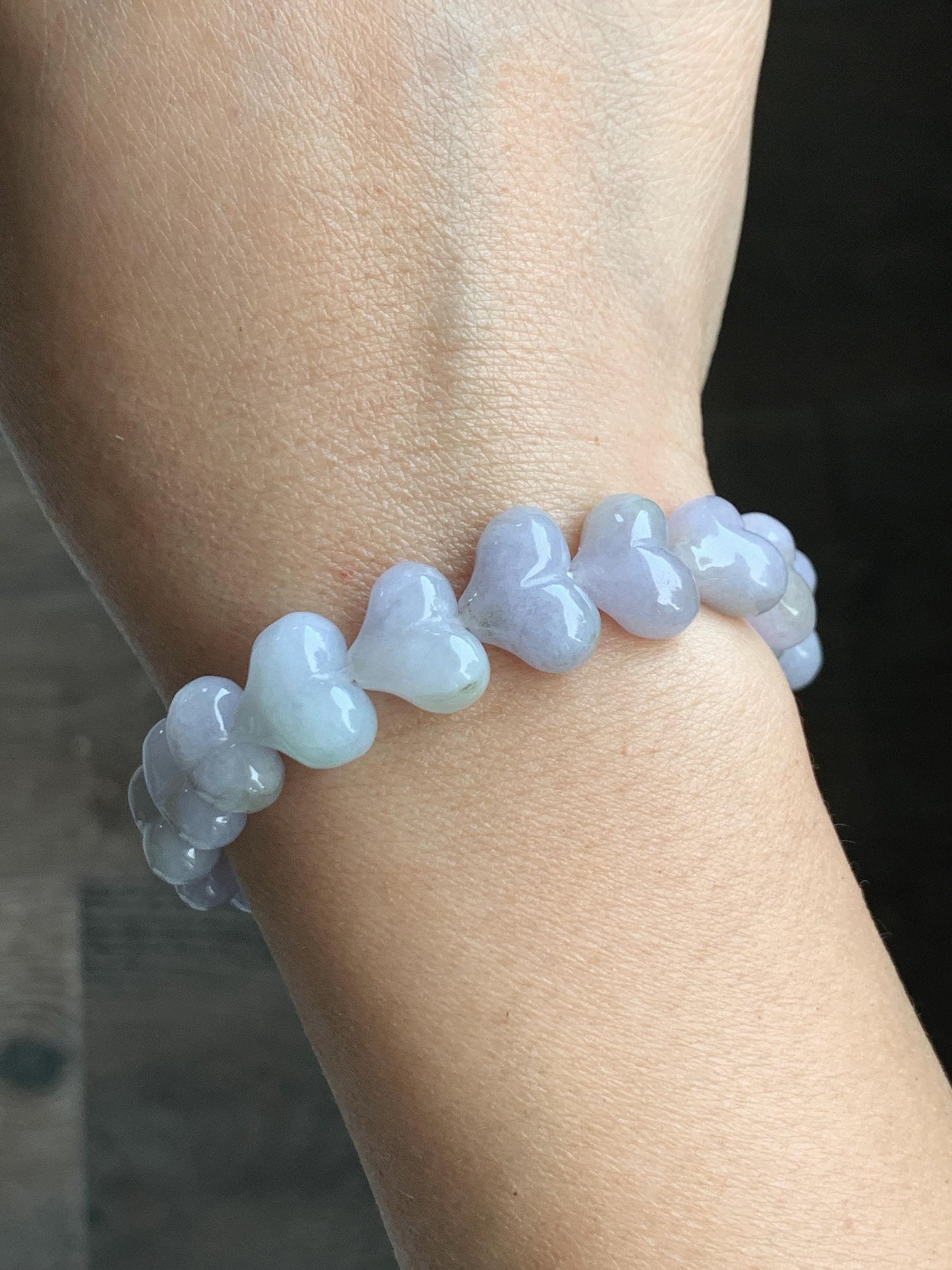 Certified Natural Grade A Icy Translucent Pastel Purple Jade Jadeite Heart Beads Beaded Bracelet Stretchy 7.25" 30g 天然冰紫底翡翠桃心珠手串 565