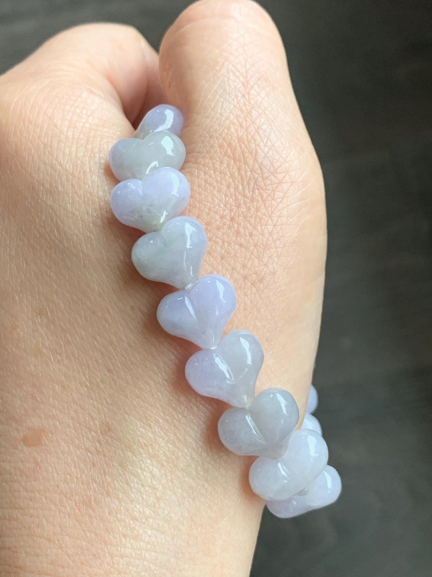 Certified Natural Grade A Icy Translucent Pastel Purple Jade Jadeite Heart Beads Beaded Bracelet Stretchy 7.25" 30g 天然冰紫底翡翠桃心珠手串 565