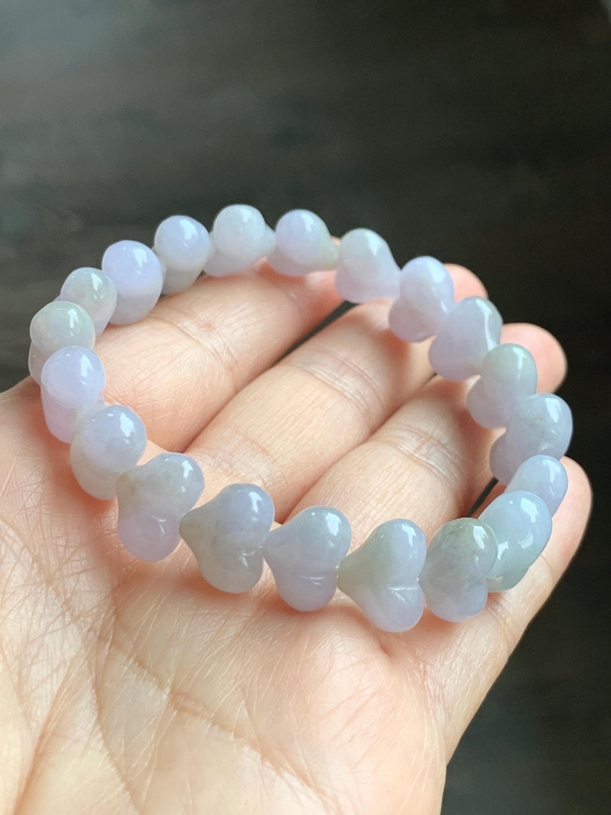 Certified Natural Grade A Icy Translucent Pastel Purple Jade Jadeite Heart Beads Beaded Bracelet Stretchy 7.25" 30g 天然冰紫底翡翠桃心珠手串 565