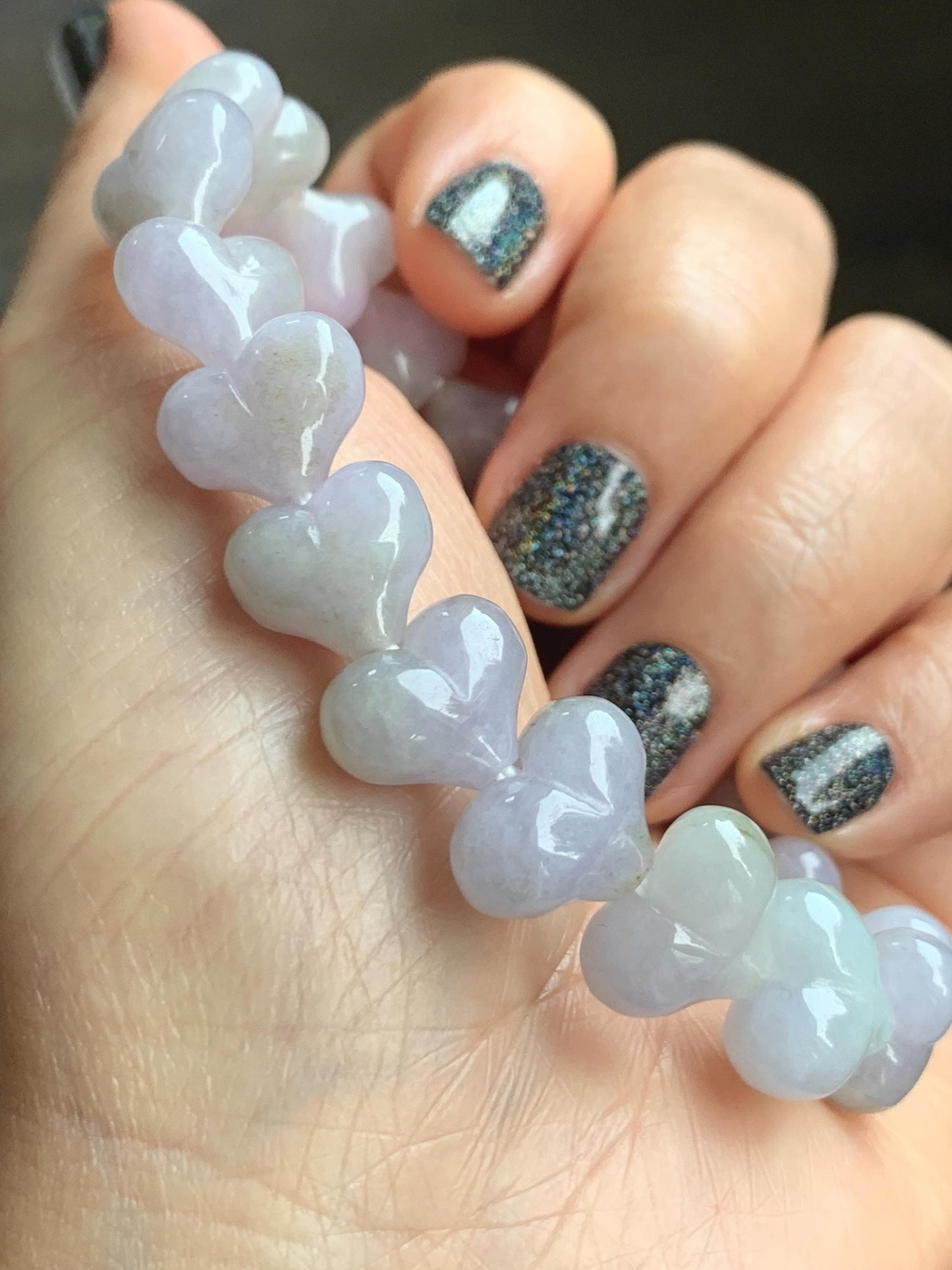 Certified Natural Grade A Icy Translucent Pastel Purple Jade Jadeite Heart Beads Beaded Bracelet Stretchy 7.25" 30g 天然冰紫底翡翠桃心珠手串 565