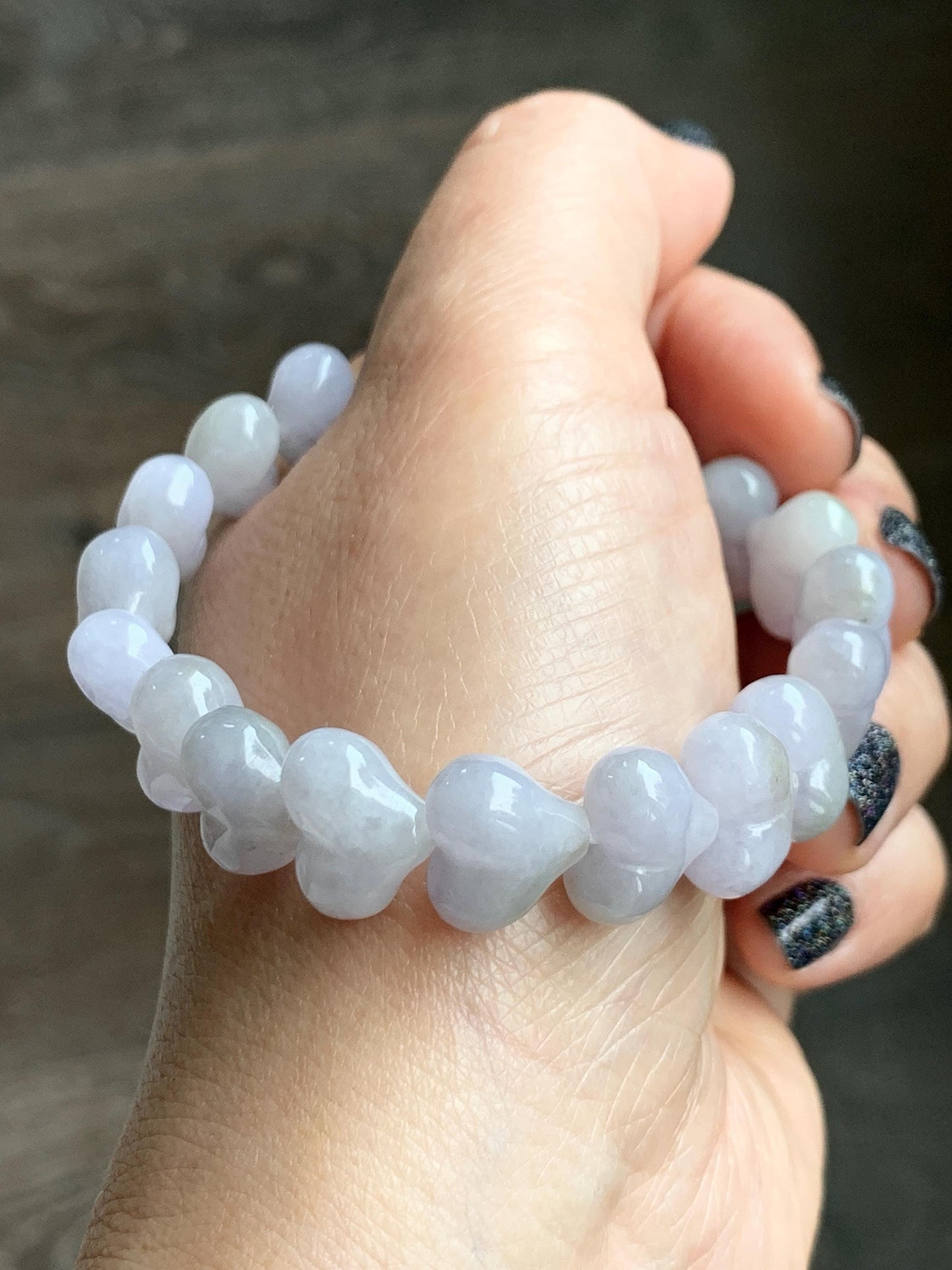 Certified Natural Grade A Icy Translucent Pastel Purple Jade Jadeite Heart Beads Beaded Bracelet Stretchy 7.25" 30g 天然冰紫底翡翠桃心珠手串 565