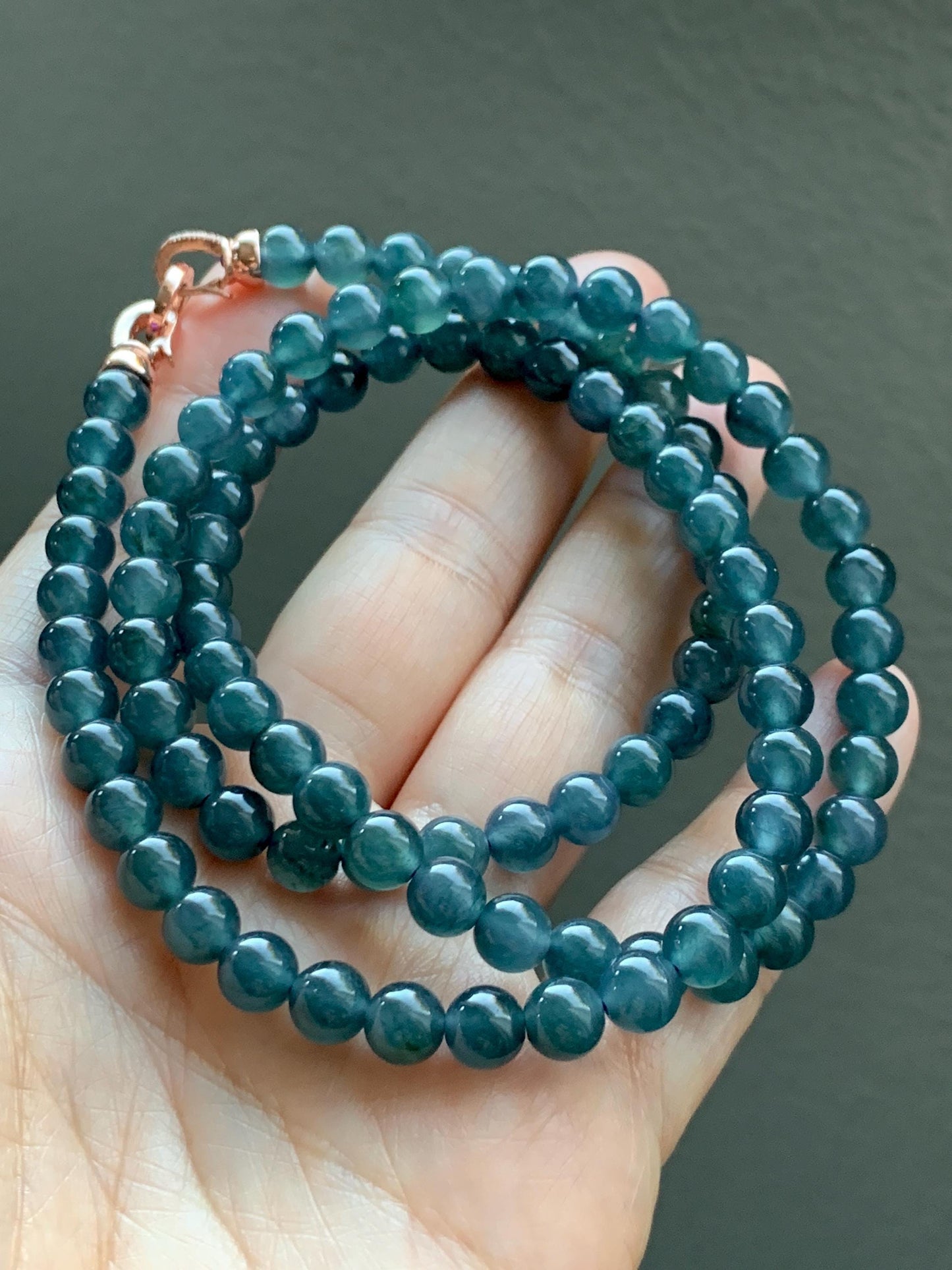 Certified Natural Grade A Guatemalan Icy Highly Translucent Dark Aegean Blue Jade Jadeite Beaded Necklace 5.2mm 24” 46g 天然冰胶危牛仔蓝翡翠圆珠项链 492