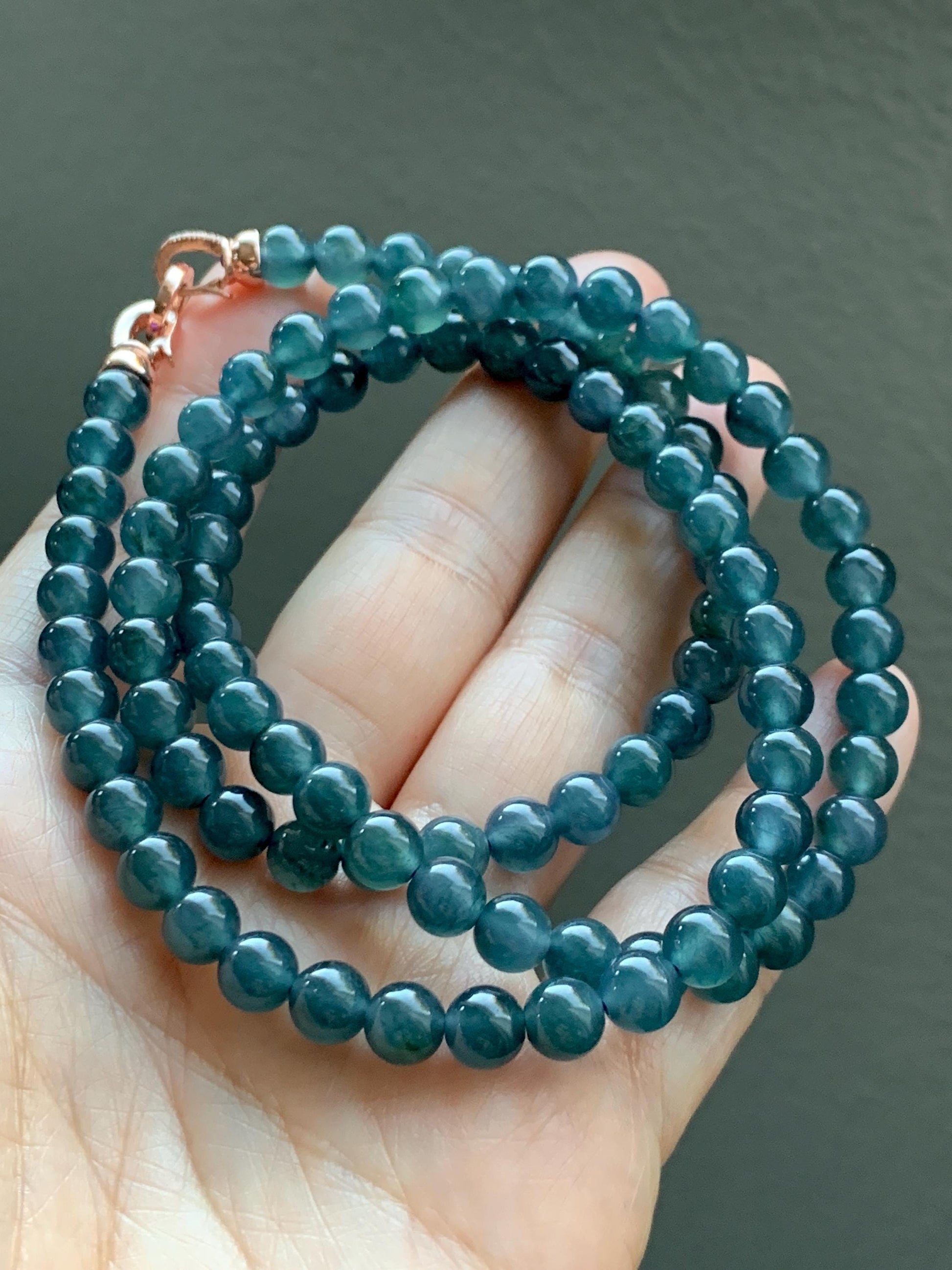 Certified Natural Grade A Guatemalan Icy Highly Translucent Dark Aegean Blue Jade Jadeite Beaded Necklace 5.2mm 24” 46g 天然冰胶危牛仔蓝翡翠圆珠项链 492
