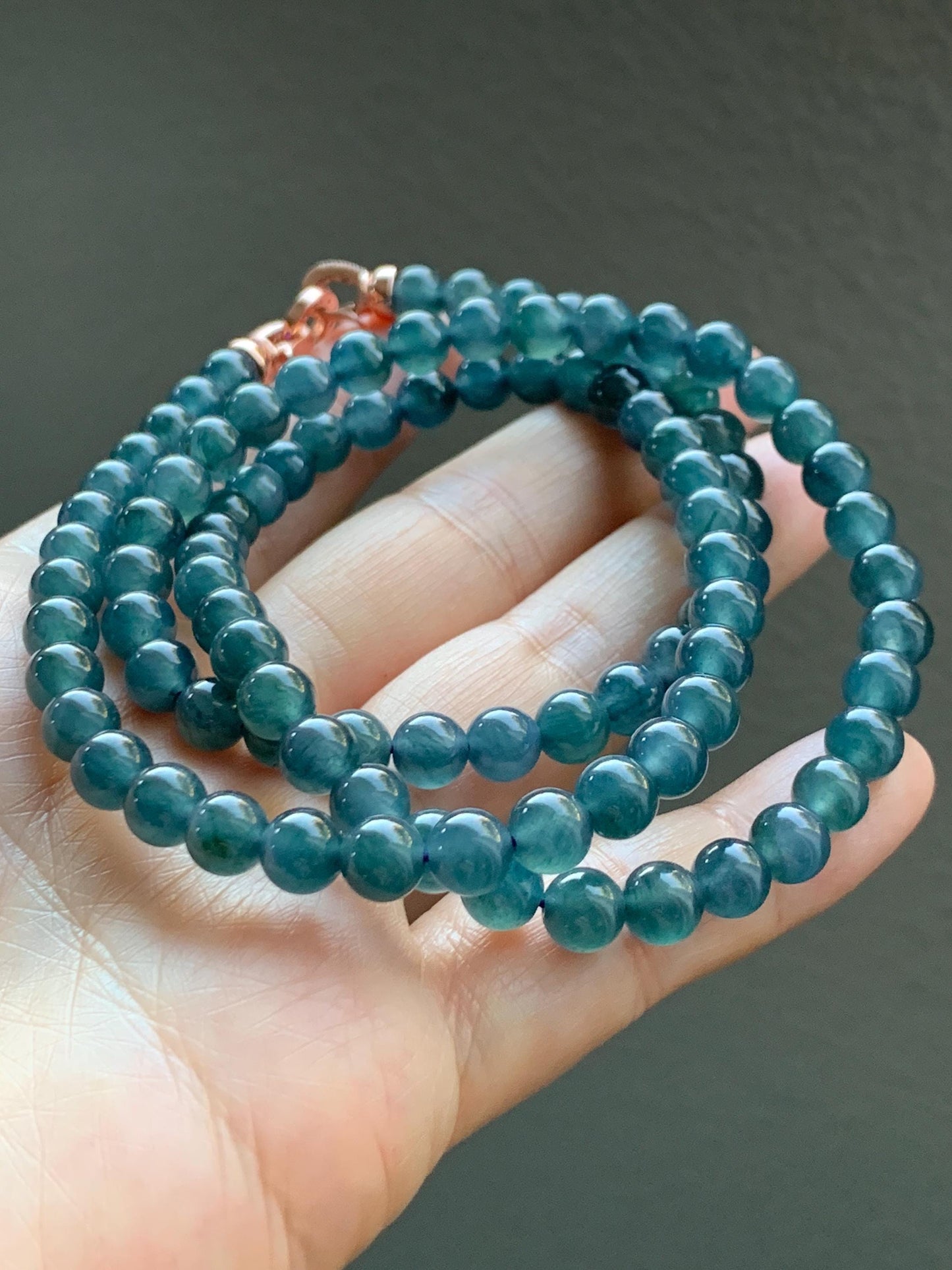Certified Natural Grade A Guatemalan Icy Highly Translucent Dark Aegean Blue Jade Jadeite Beaded Necklace 5.2mm 24” 46g 天然冰胶危牛仔蓝翡翠圆珠项链 492