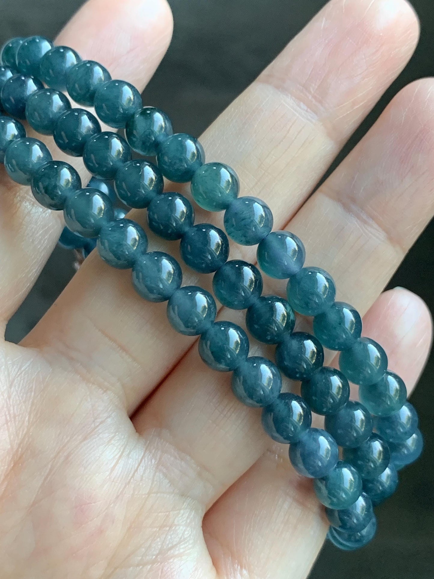 Certified Natural Grade A Guatemalan Icy Highly Translucent Dark Aegean Blue Jade Jadeite Beaded Necklace 5.2mm 24” 46g 天然冰胶危牛仔蓝翡翠圆珠项链 492