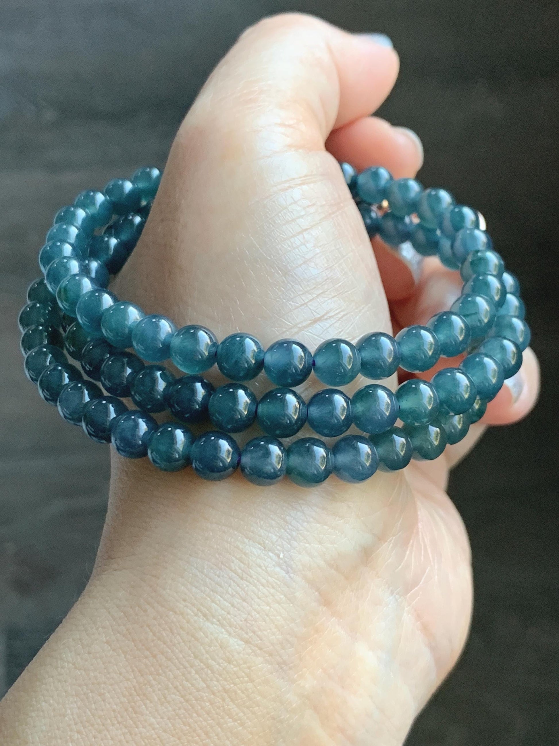 Certified Natural Grade A Guatemalan Icy Highly Translucent Dark Aegean Blue Jade Jadeite Beaded Necklace 5.2mm 24” 46g 天然冰胶危牛仔蓝翡翠圆珠项链 492