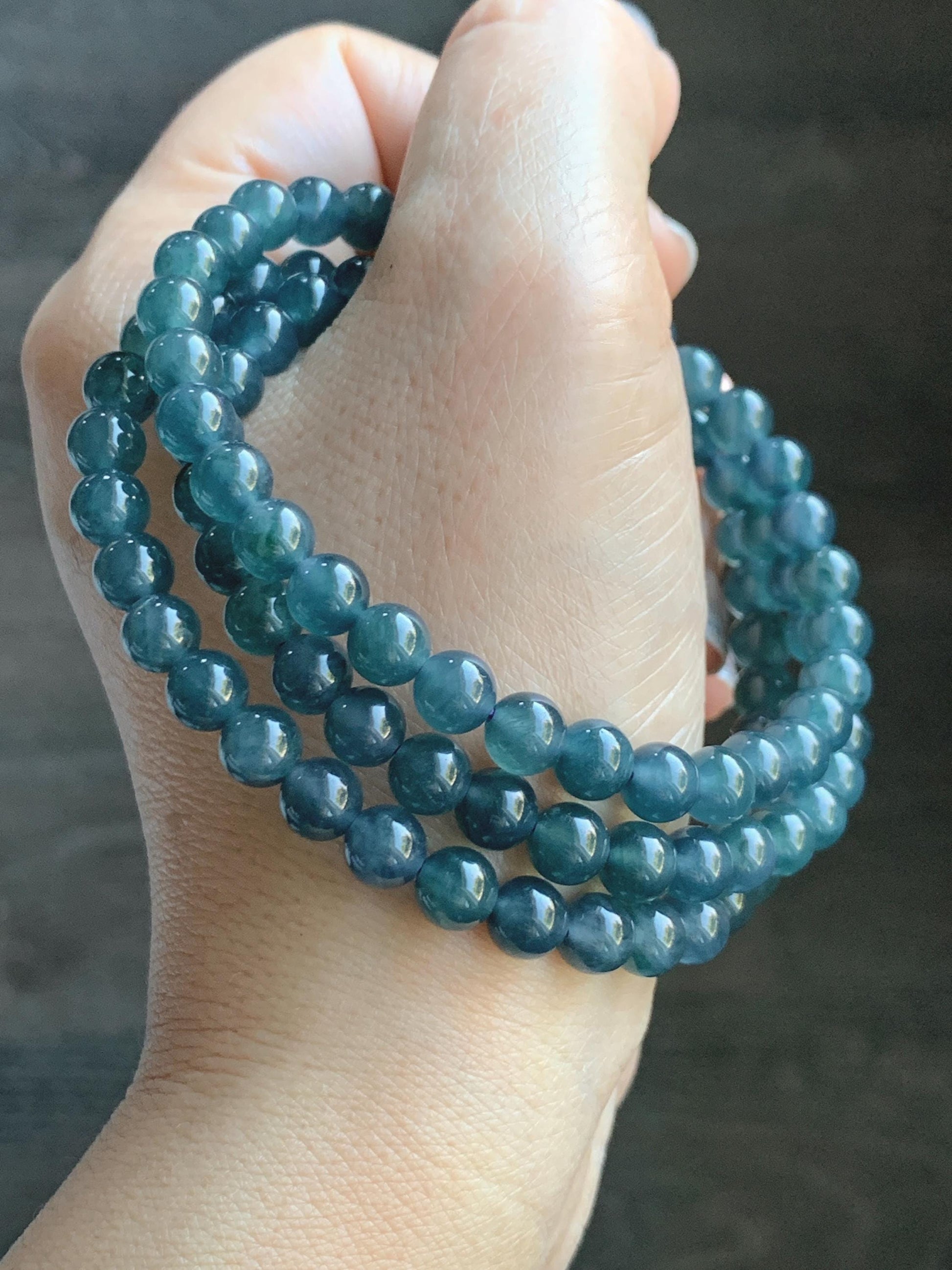 Certified Natural Grade A Guatemalan Icy Highly Translucent Dark Aegean Blue Jade Jadeite Beaded Necklace 5.2mm 24” 46g 天然冰胶危牛仔蓝翡翠圆珠项链 492
