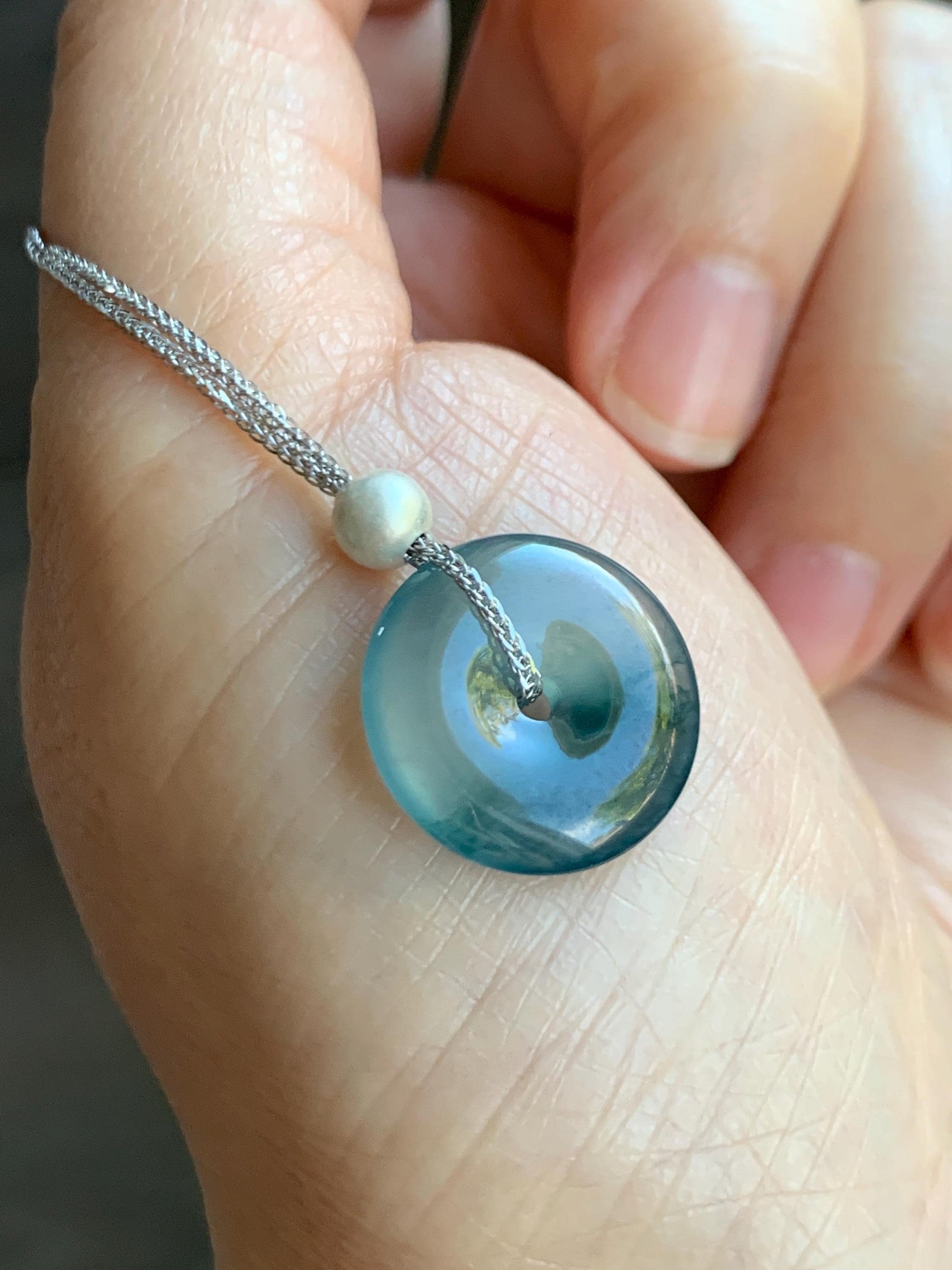 Natural Guatemalan Icy Translucent Bicolored Jade Jadeite Ping An Kou Donut Pendant Sterling Silver Necklace 16” 天然老种冰危紫翡翠平安扣吊坠项链 MWK149