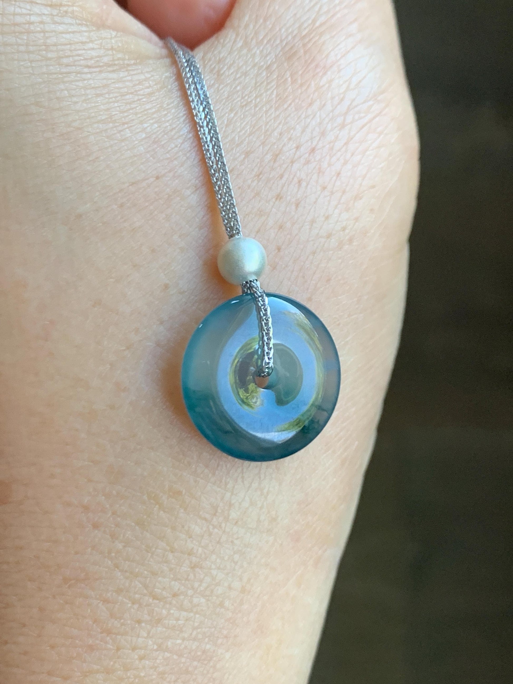 Natural Guatemalan Icy Translucent Bicolored Jade Jadeite Ping An Kou Donut Pendant Sterling Silver Necklace 16” 天然老种冰危紫翡翠平安扣吊坠项链 MWK149