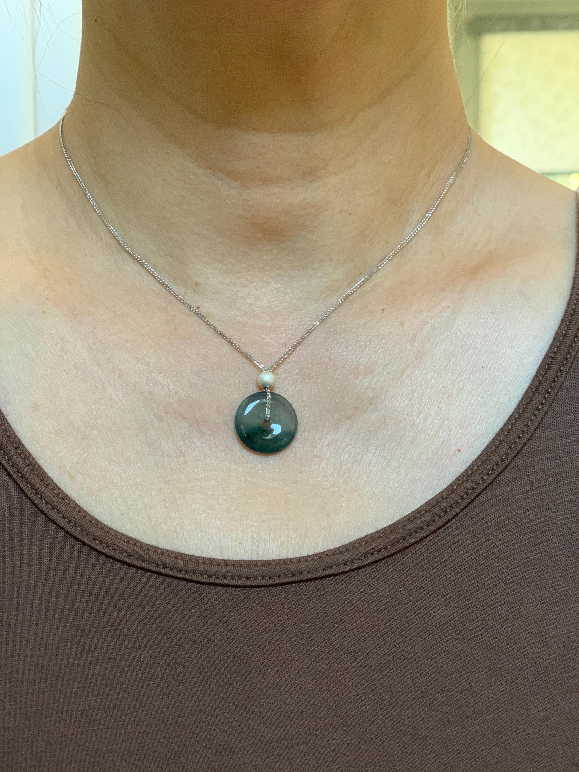 Natural Guatemalan Icy Translucent Bicolored Jade Jadeite Ping An Kou Donut Pendant Sterling Silver Necklace 16” 天然老种冰危紫翡翠平安扣吊坠项链 MWK149
