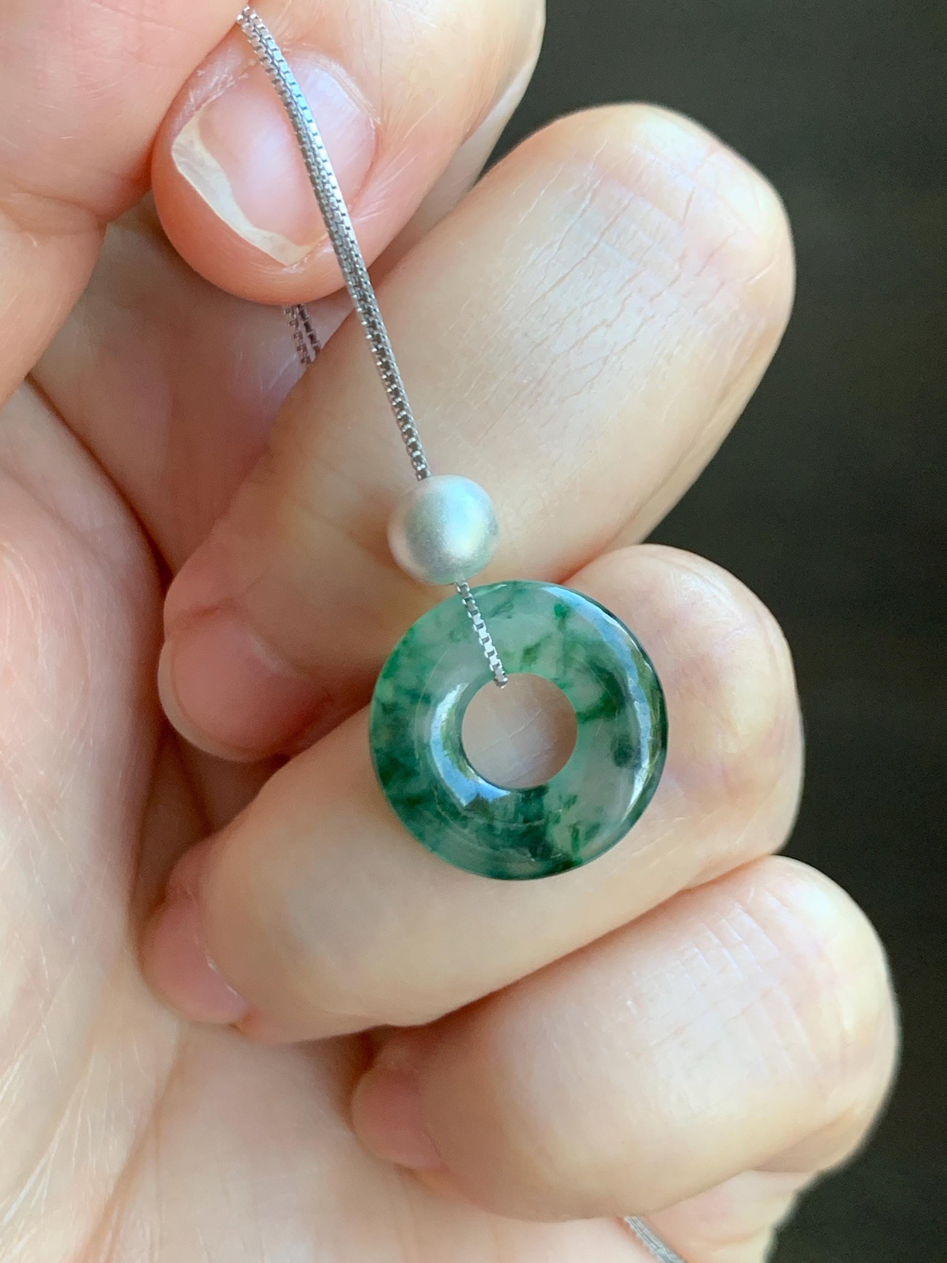 Natural Grade A Icy Translucent Green Marbled Jade Jadeite Ping An Kou Donut Pendant Sterling Silver Necklace 16” 天然老种冰飘绿花翡翠平安扣吊坠项链 MPH528A