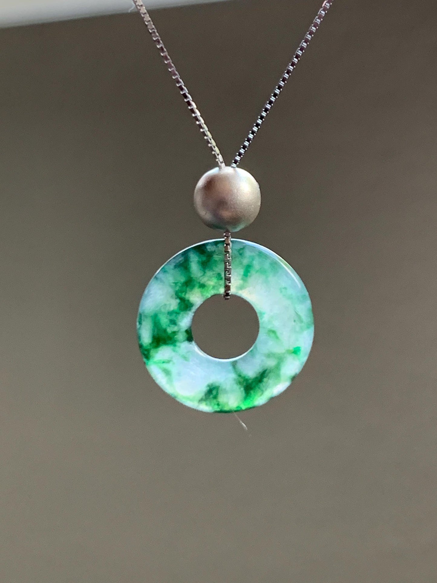 Natural Grade A Icy Translucent Green Marbled Jade Jadeite Ping An Kou Donut Pendant Sterling Silver Necklace 16” 天然老种冰飘绿花翡翠平安扣吊坠项链 MPH528A