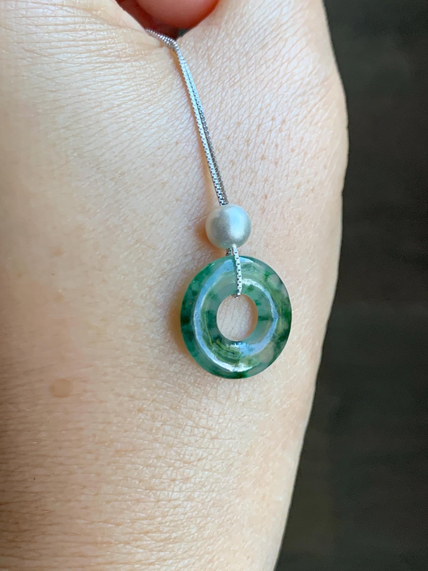Natural Grade A Icy Translucent Green Marbled Jade Jadeite Ping An Kou Donut Pendant Sterling Silver Necklace 16” 天然老种冰飘绿花翡翠平安扣吊坠项链 MPH528A