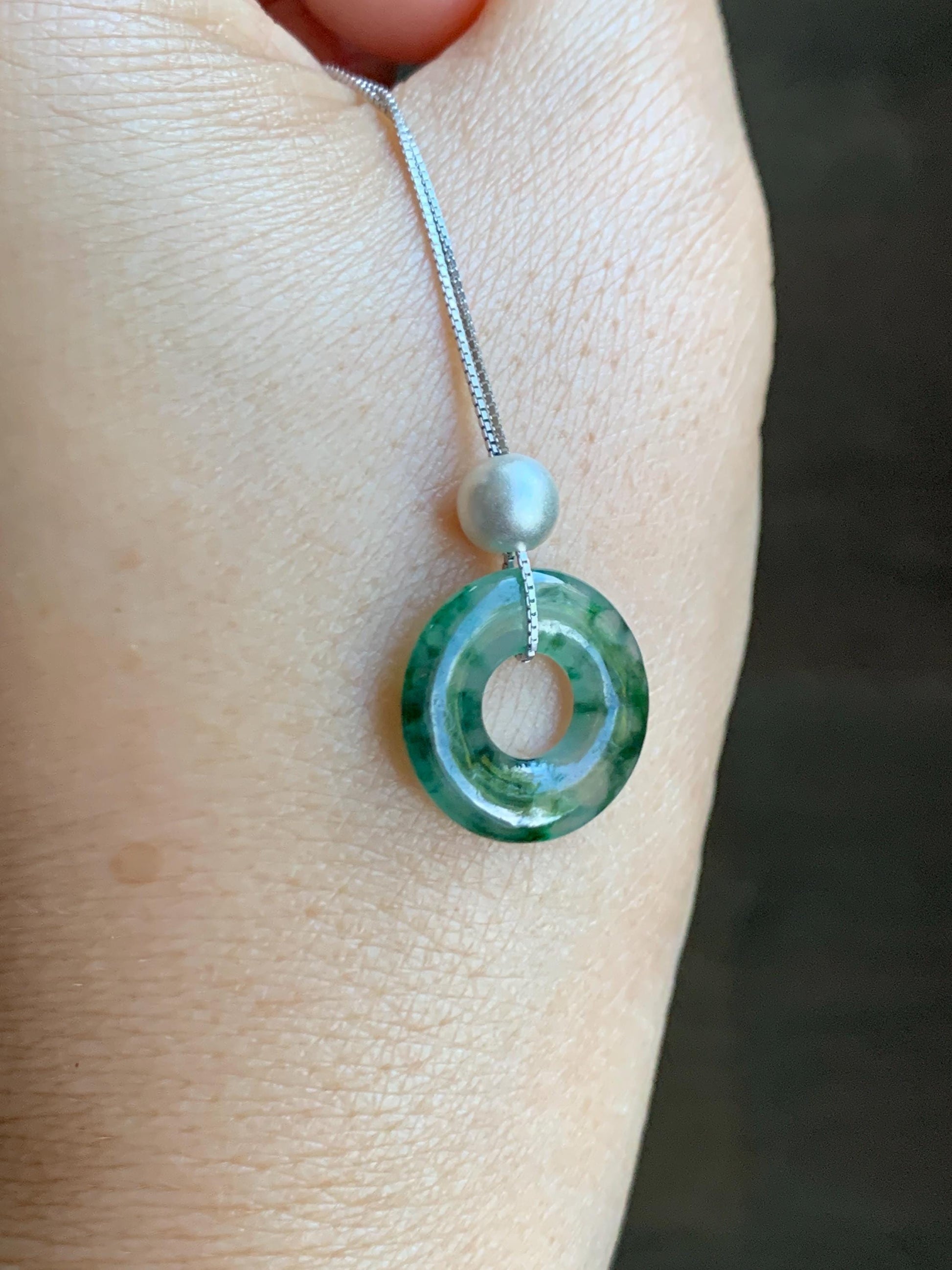 Natural Grade A Icy Translucent Green Marbled Jade Jadeite Ping An Kou Donut Pendant Sterling Silver Necklace 16” 天然老种冰飘绿花翡翠平安扣吊坠项链 MPH528A