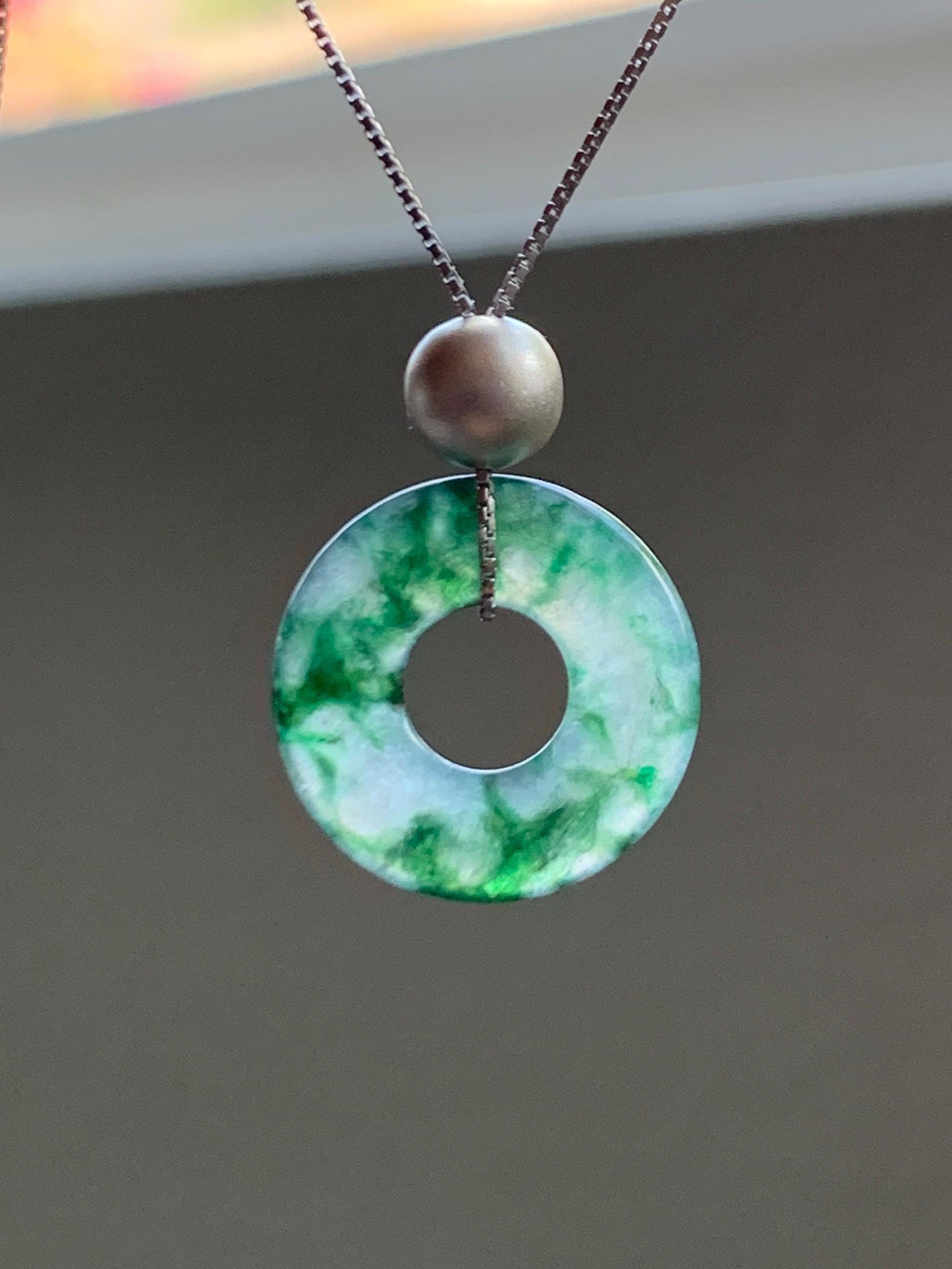 Natural Grade A Icy Translucent Green Marbled Jade Jadeite Ping An Kou Donut Pendant Sterling Silver Necklace 16” 天然老种冰飘绿花翡翠平安扣吊坠项链 MPH528A