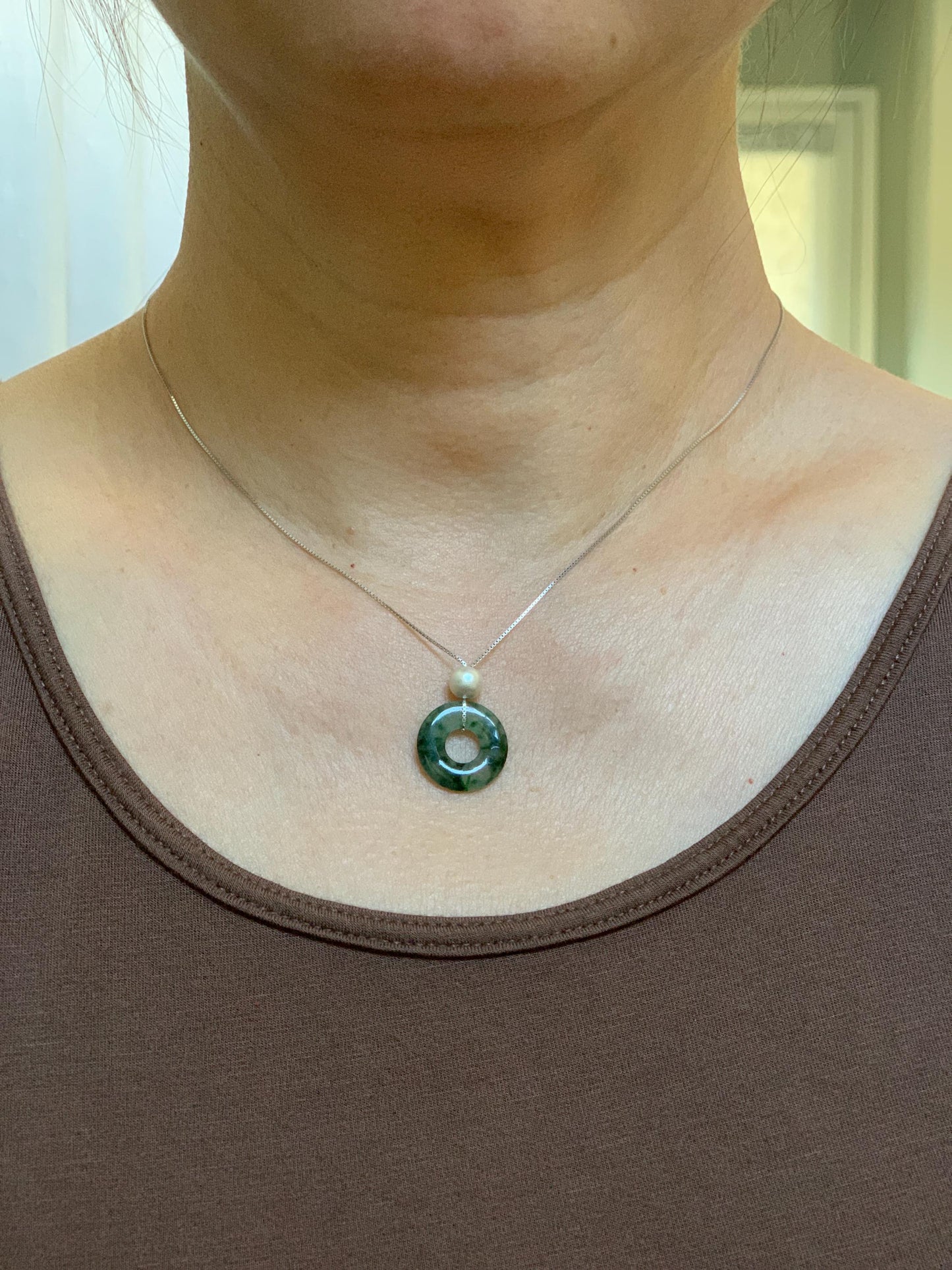 Natural Grade A Icy Translucent Green Marbled Jade Jadeite Ping An Kou Donut Pendant Sterling Silver Necklace 16” 天然老种冰飘绿花翡翠平安扣吊坠项链 MPH528A
