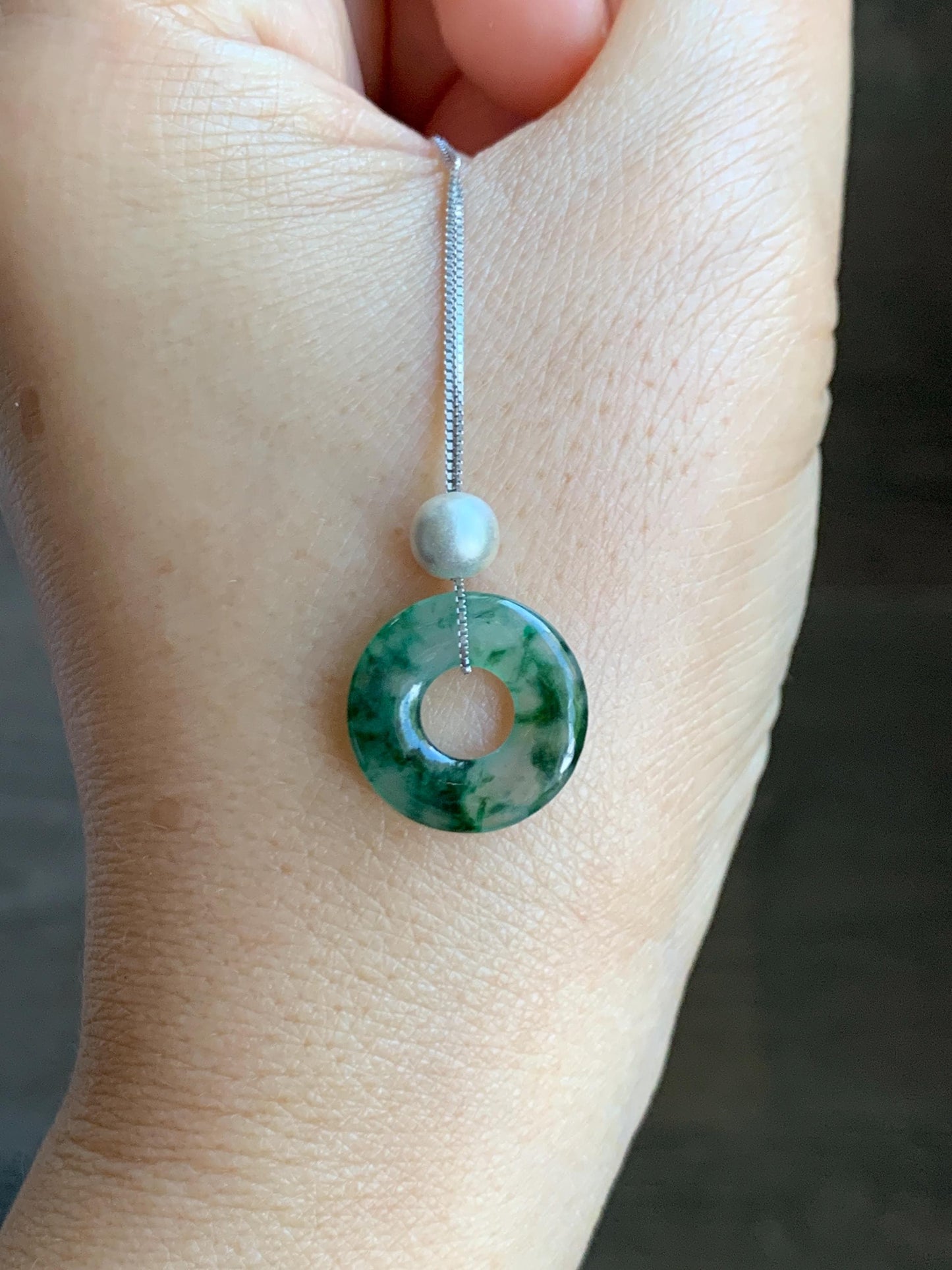 Natural Grade A Icy Translucent Green Marbled Jade Jadeite Ping An Kou Donut Pendant Sterling Silver Necklace 16” 天然老种冰飘绿花翡翠平安扣吊坠项链 MPH528A