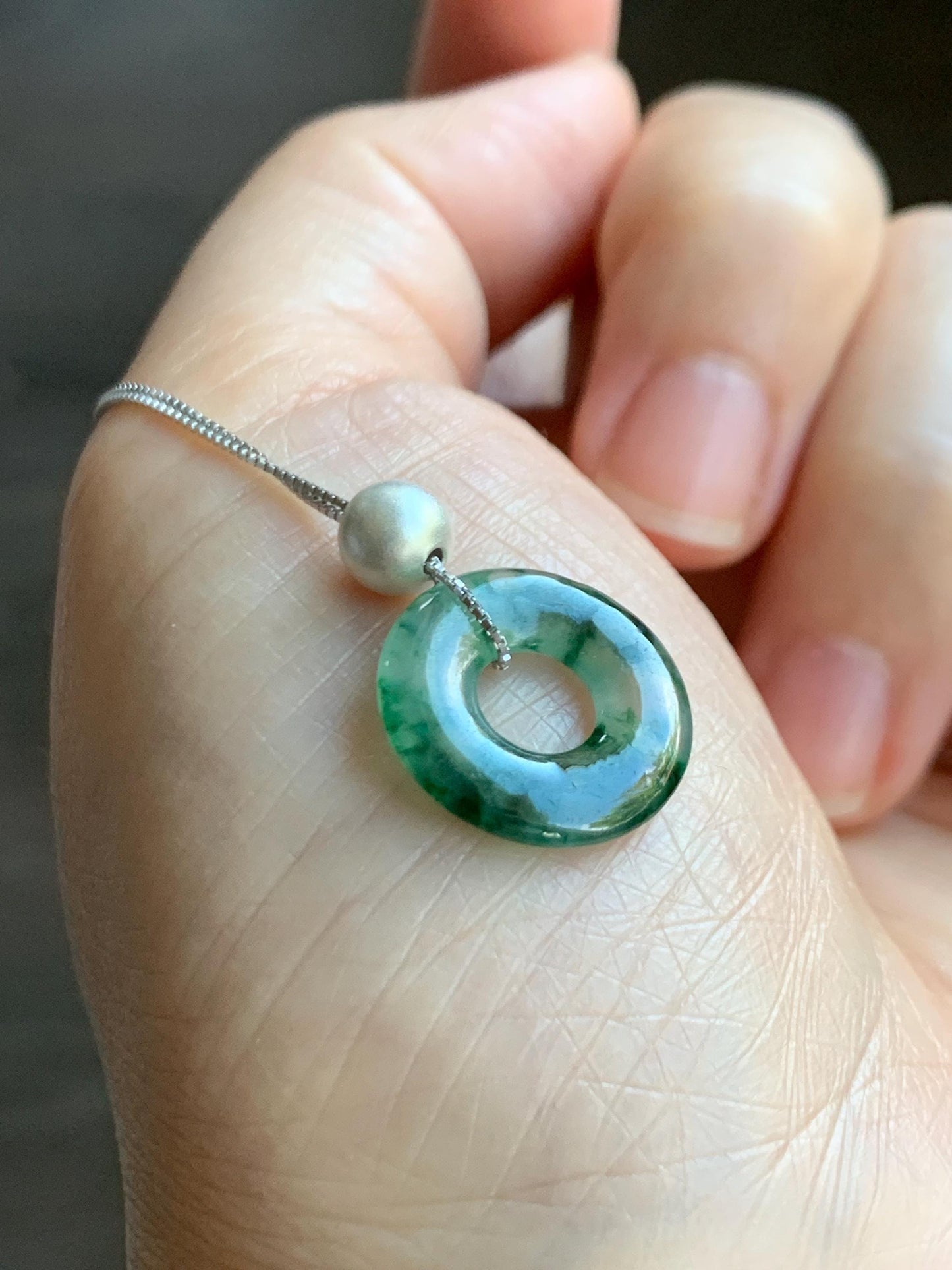 Natural Grade A Icy Translucent Green Marbled Jade Jadeite Ping An Kou Donut Pendant Sterling Silver Necklace 16” 天然老种冰飘绿花翡翠平安扣吊坠项链 MPH528A